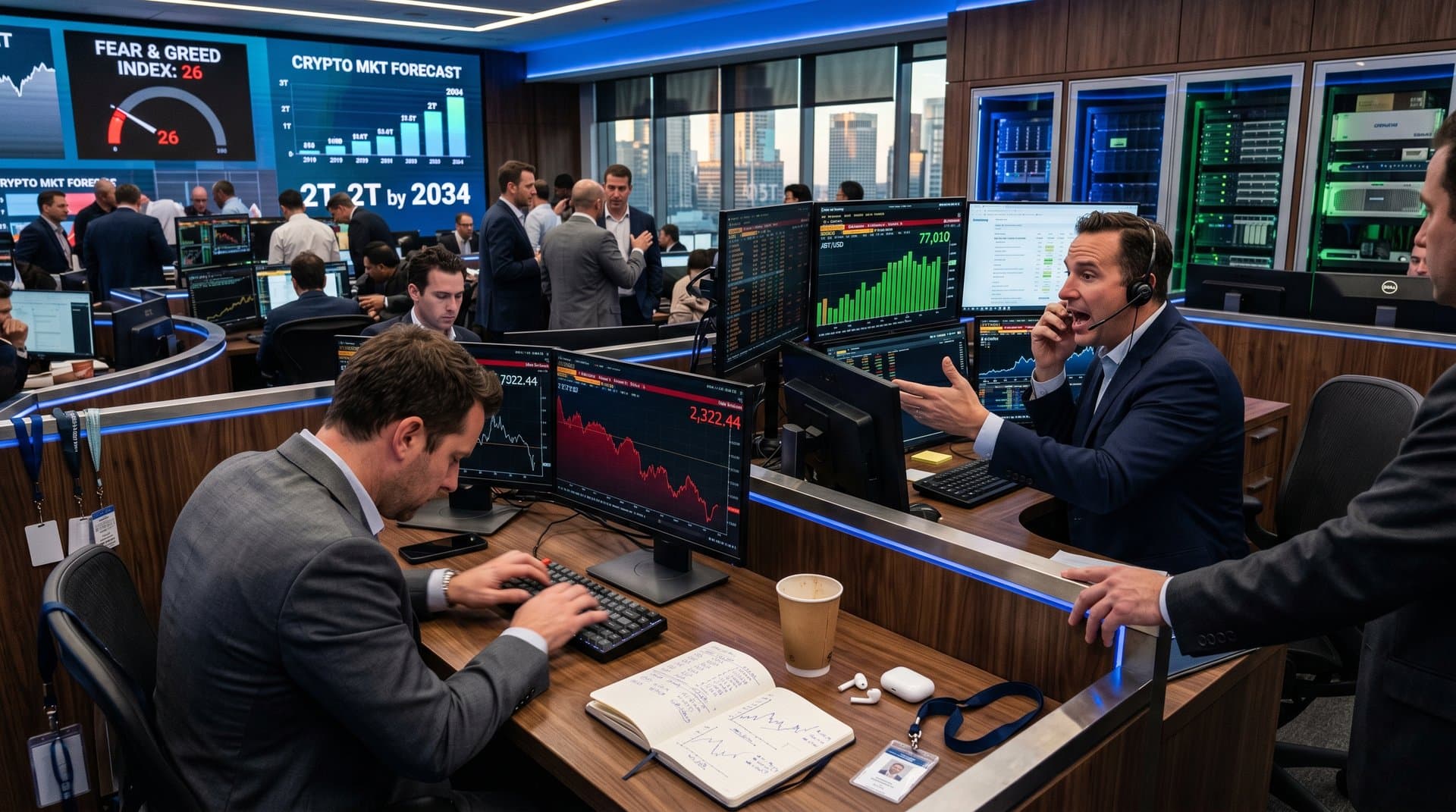 Trading floor with Bloomberg terminals showing crypto prices, Fear & Greed Index, and AI models for $2T US crypto forecast