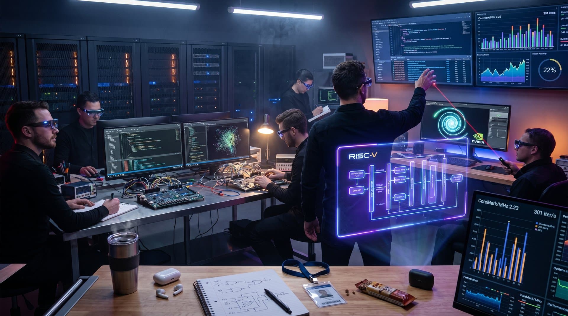 Holographic RISC-V CPU optimization in AI-driven tech lab with GPU renders and benchmark graphs.