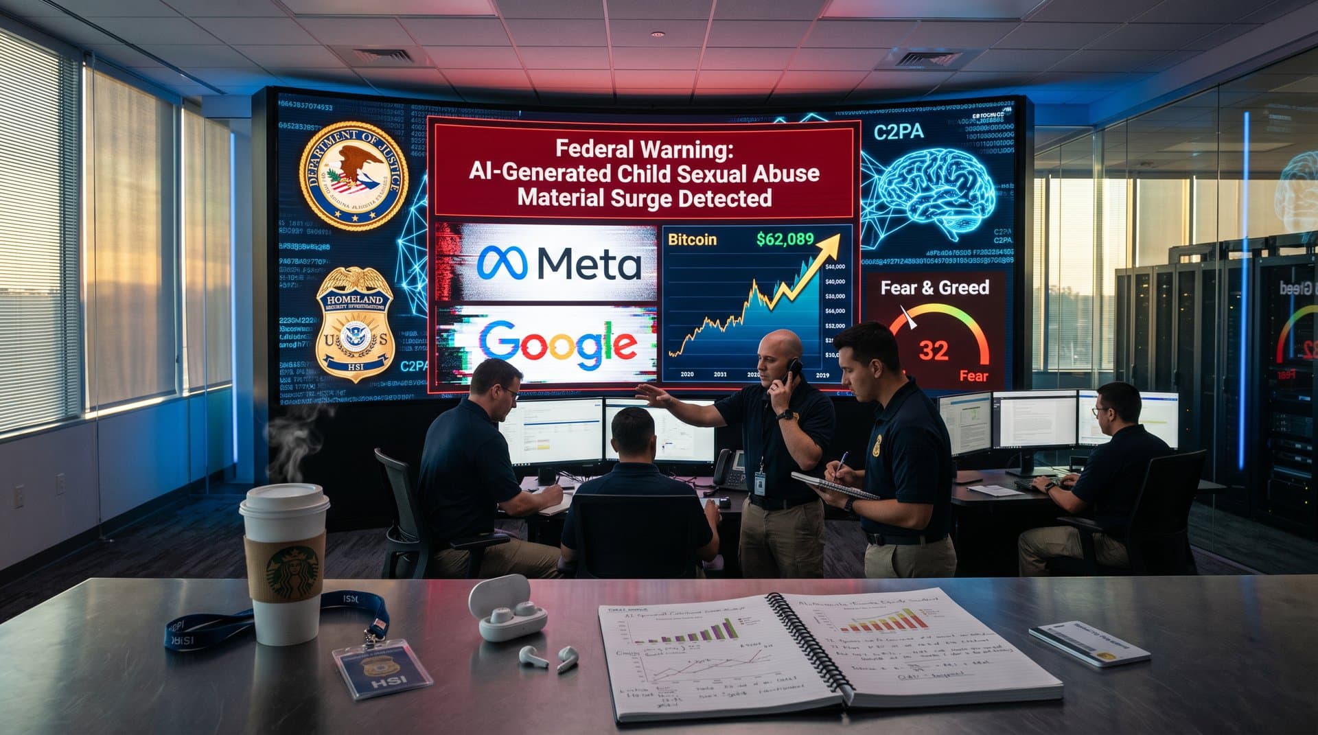 Abstract federal warning on AI-generated CSAM surge with crypto charts and platform icons in dark tech style