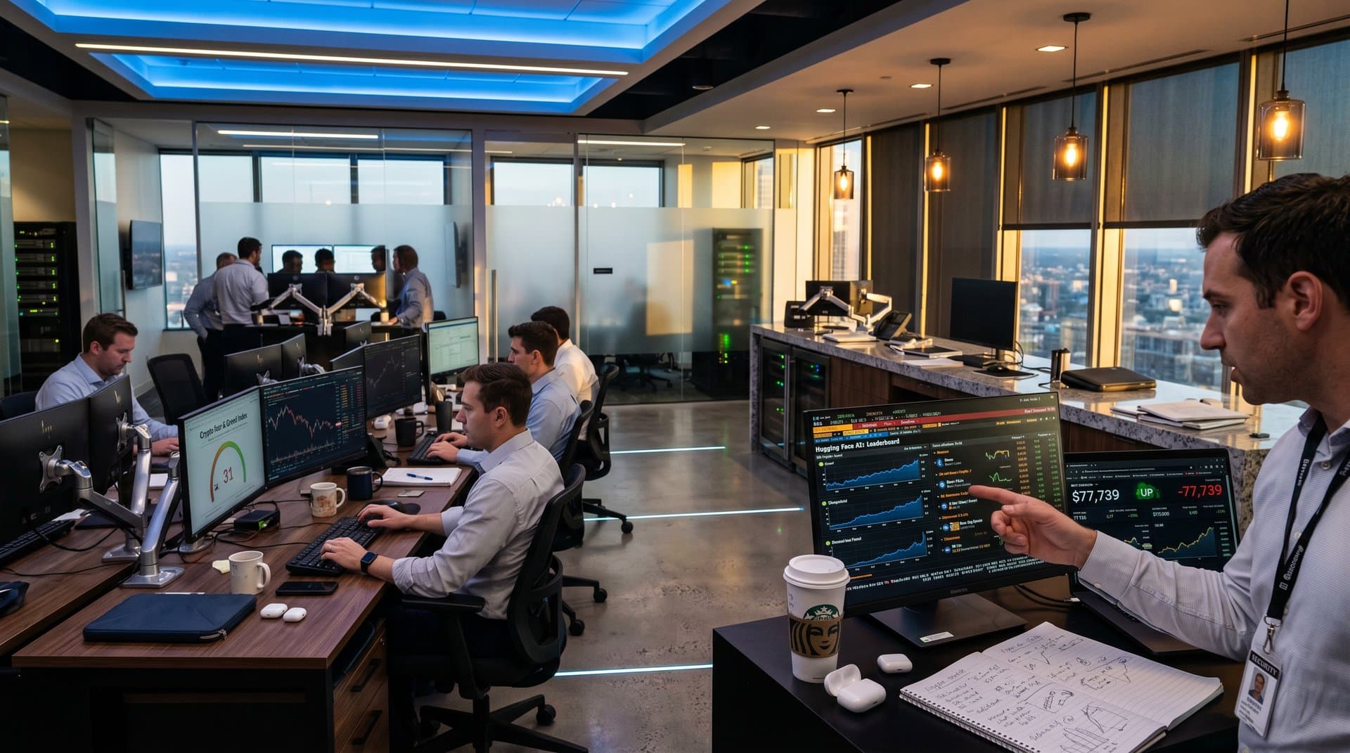 Trading floor screens display AI leaderboards with China's open-source models leading, BTC at $77K, Fear & Greed at 31 on multi-monitor setups