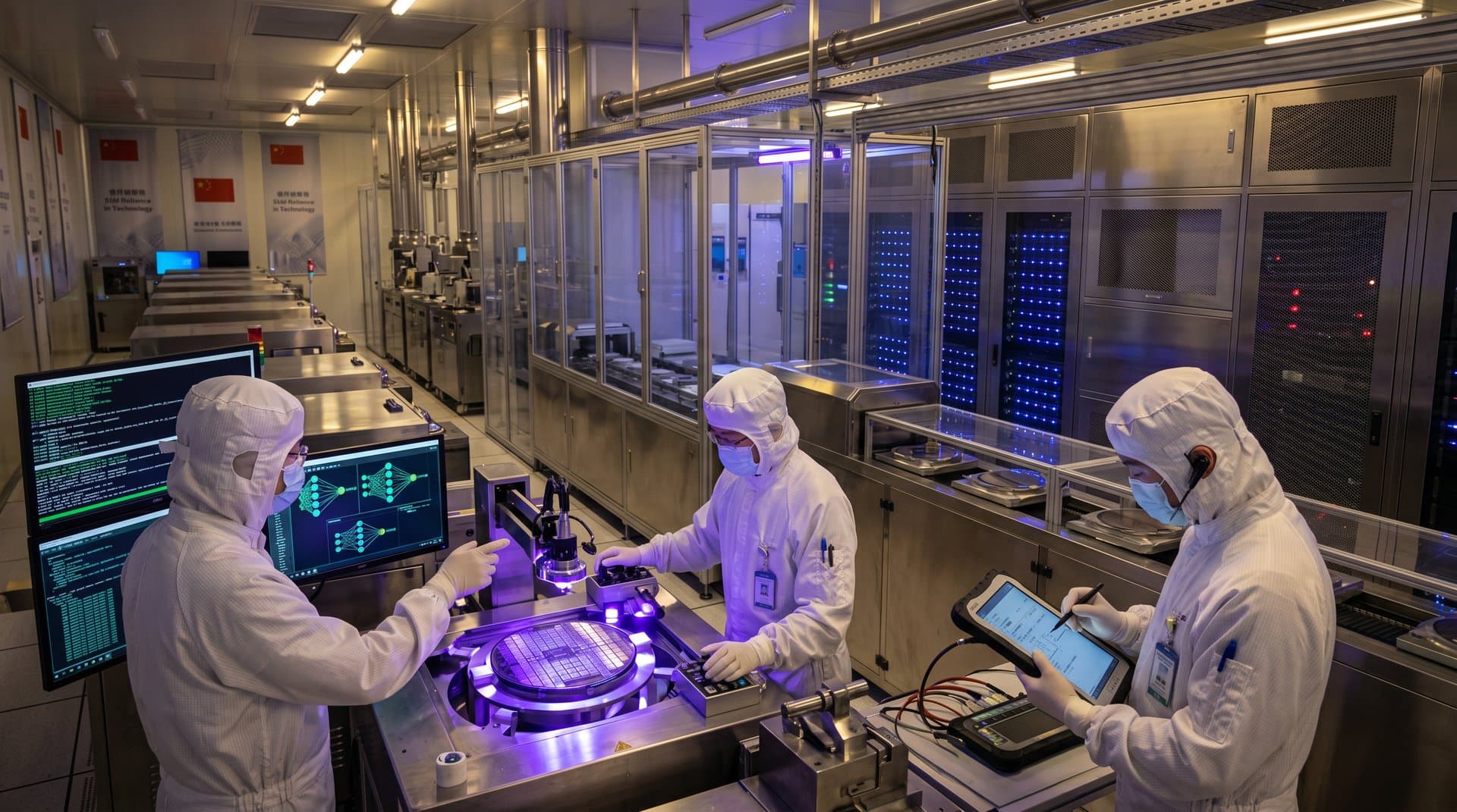 Cleanroom with glowing AI chip servers, neural network displays, and wafer handling robots in high-tech facility