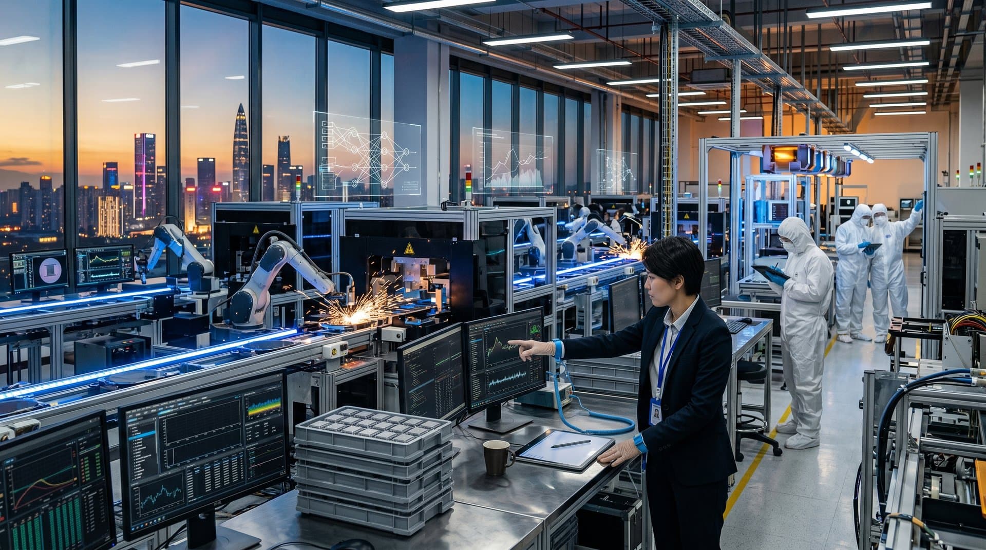 Shenzhen factory assembling China AI chips with robotic arms, holographic AI benchmarks, and server racks under blue LEDs