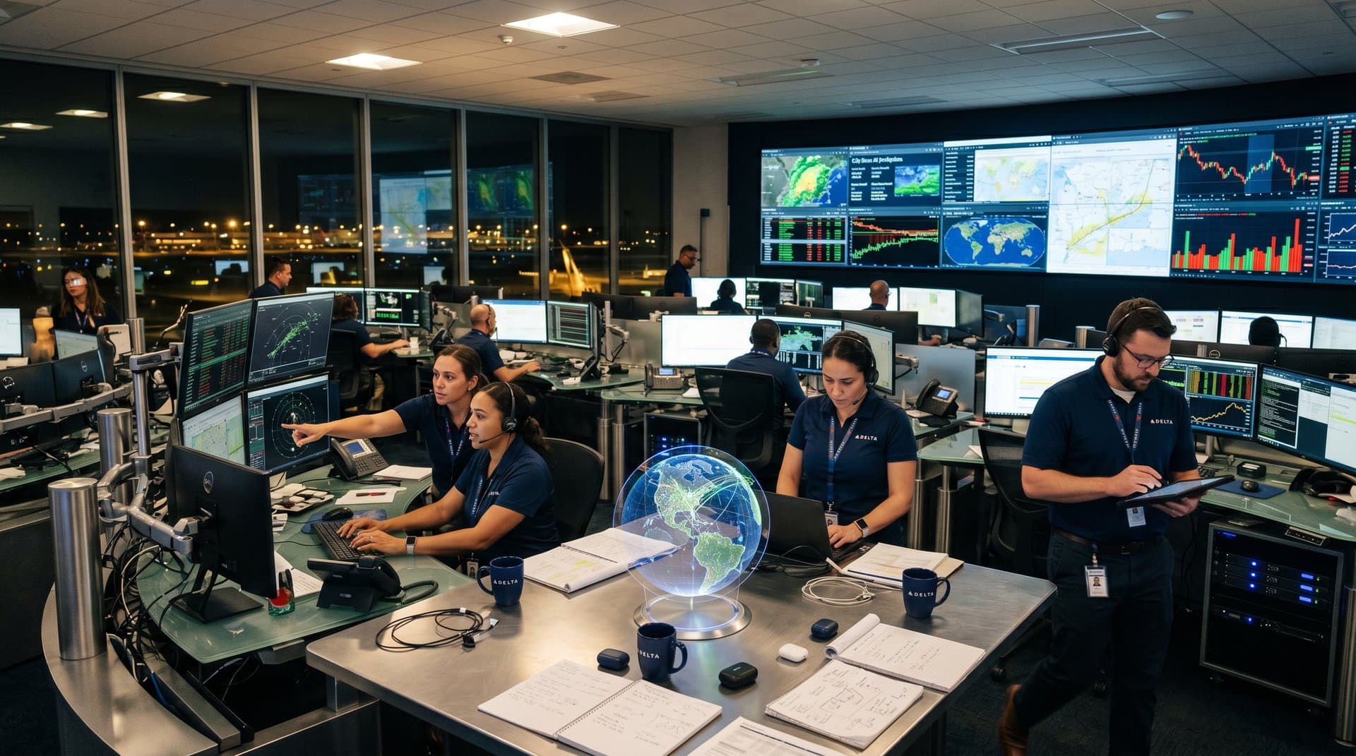 Team collaborates on multi-screen consoles with flight maps, AI dashboards, and market charts in modern Delta operations center