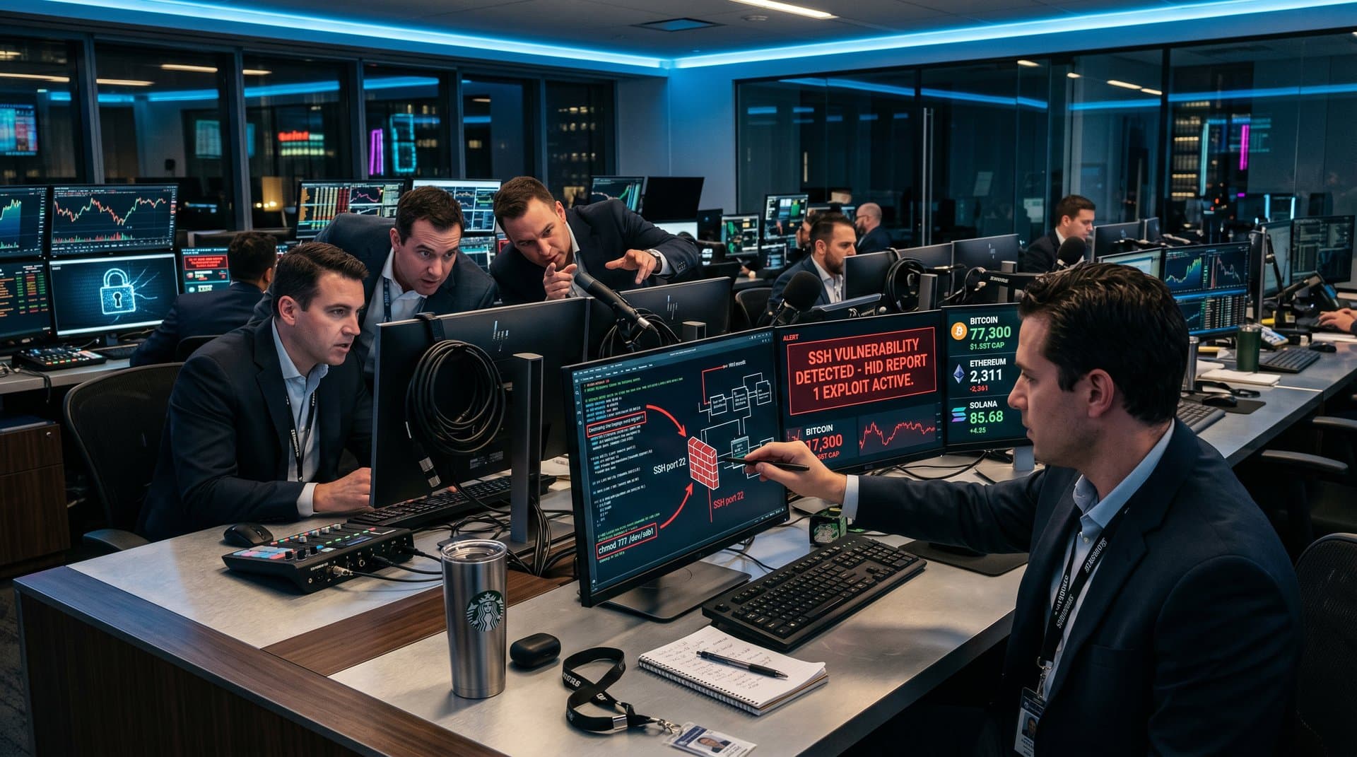 Pro audio racks with Rodecaster Duo on trading floor amid crypto price charts and SSH vulnerability alerts