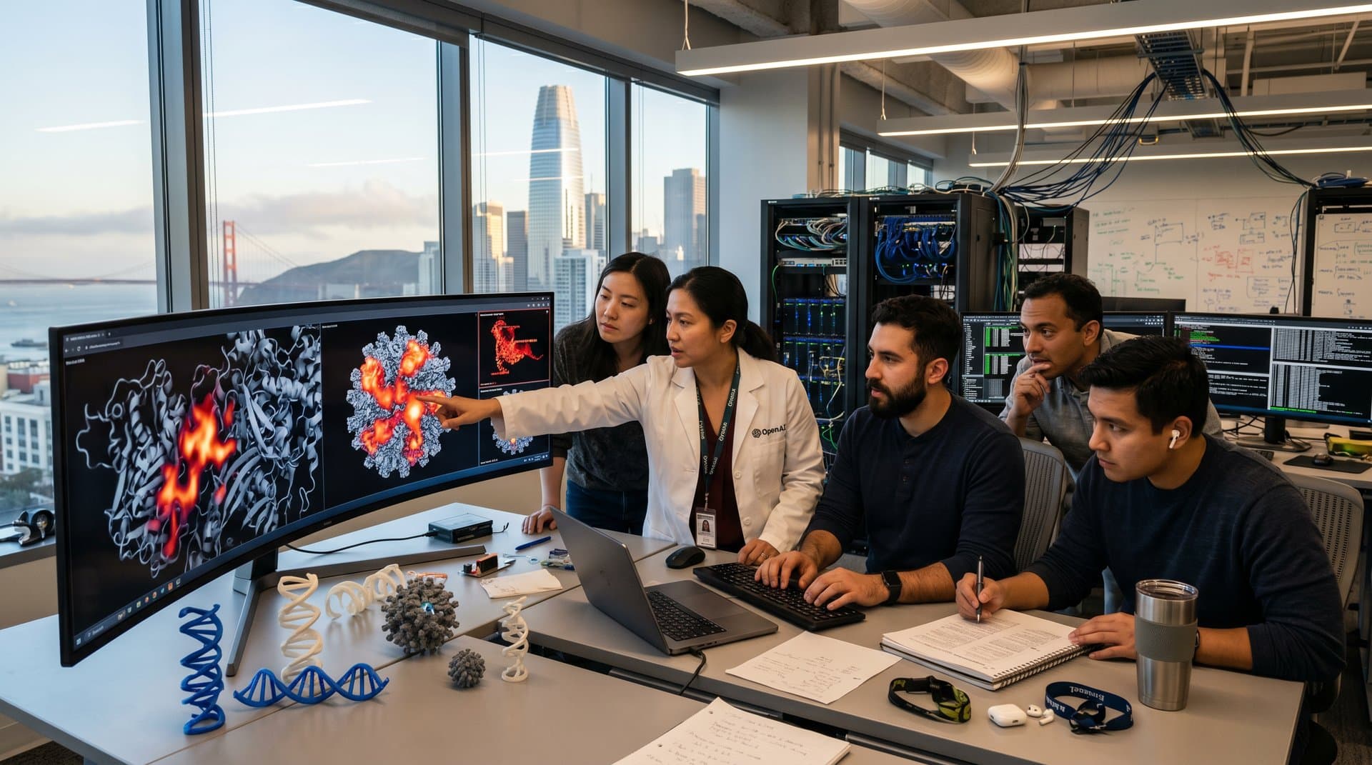 OpenAI safety team reviews GPT-5.5 bio-risk simulations in modern lab with multi-monitor setups
