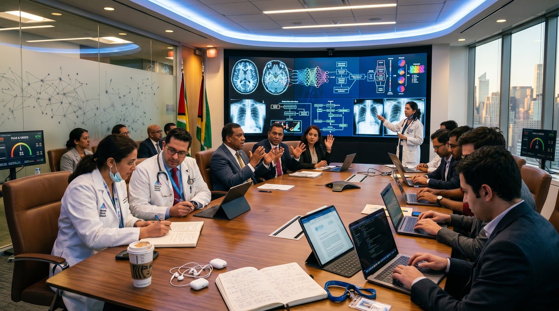 Professionals debate AI healthcare demos on large screens in modern Mount Sinai seminar room with frosted glass and NYC skyline view