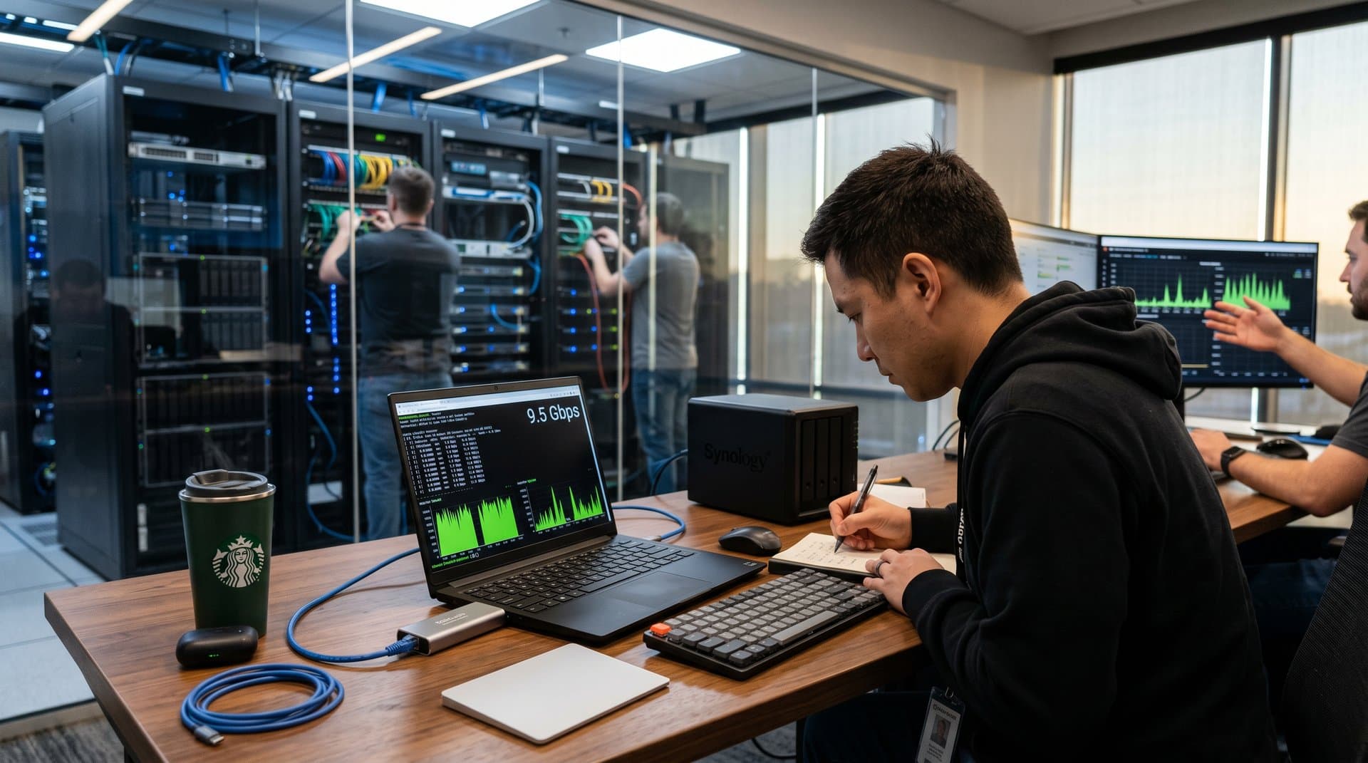 Compact WisdPi 10 GbE USB adapter connected to Framework 13 laptop displaying 9.5 Gbps speeds on desk with tech gear