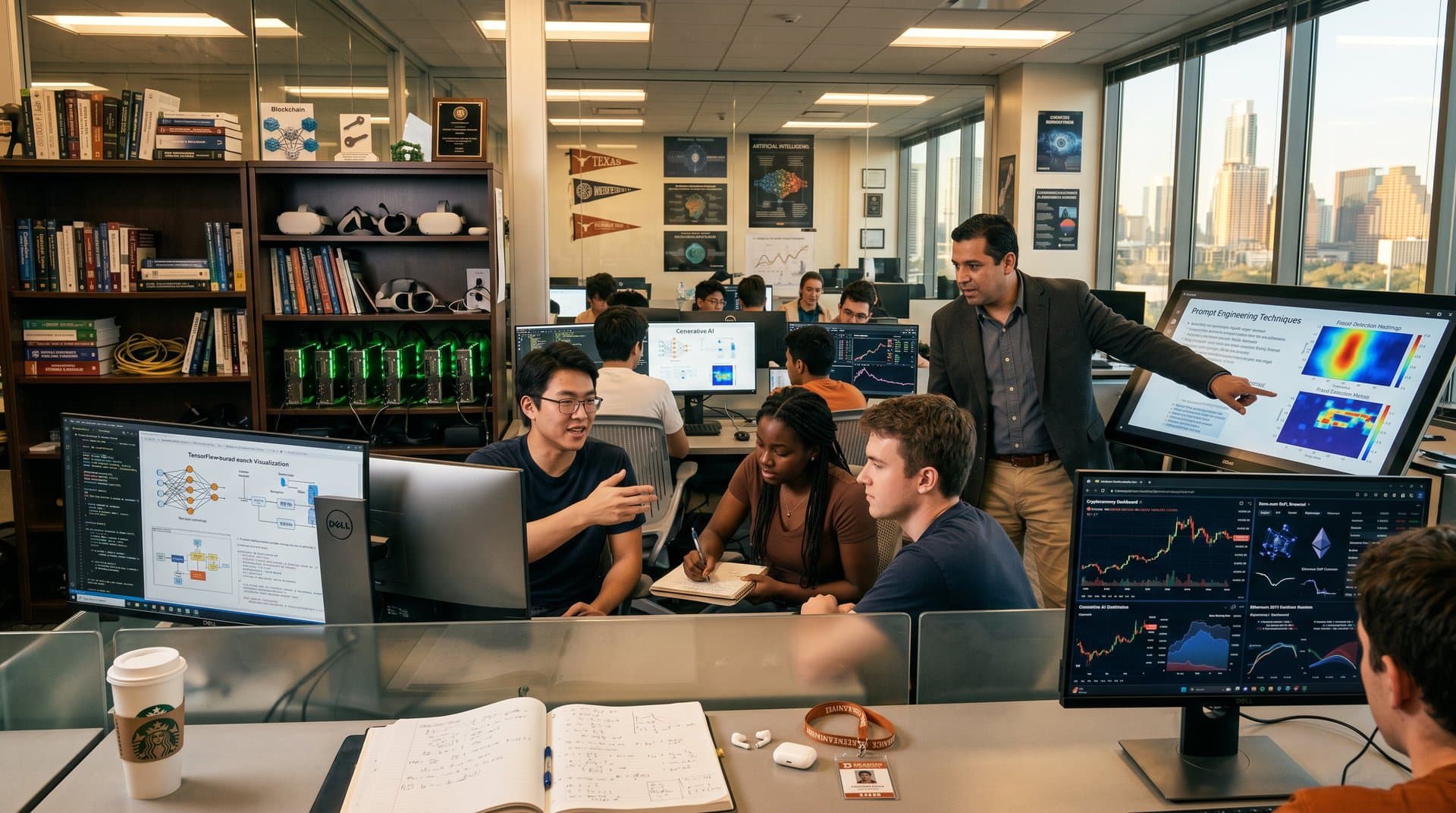 Professor explains AI models to students in modern university lab with multiple high-end monitors, glass walls, and GPU racks