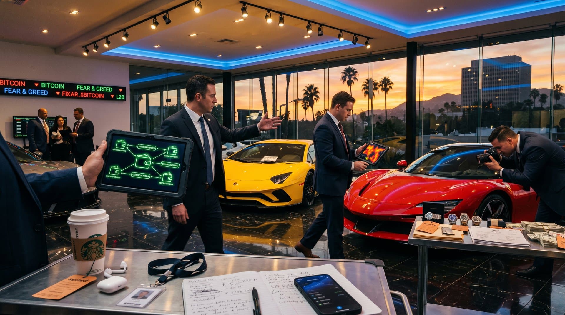 Blockchain trails overlay supercar showroom in Southern California fintech crime scene
