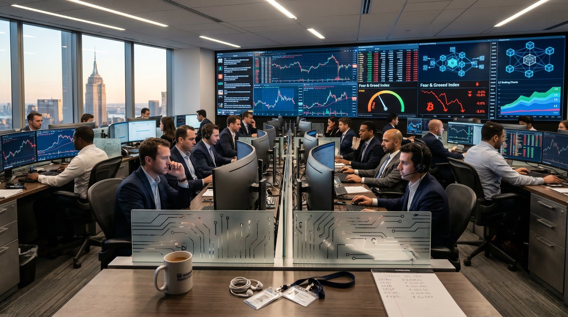 Trading floor with crypto price charts showing BTC at $77k, Fear & Greed at 33, and market data under modern lighting