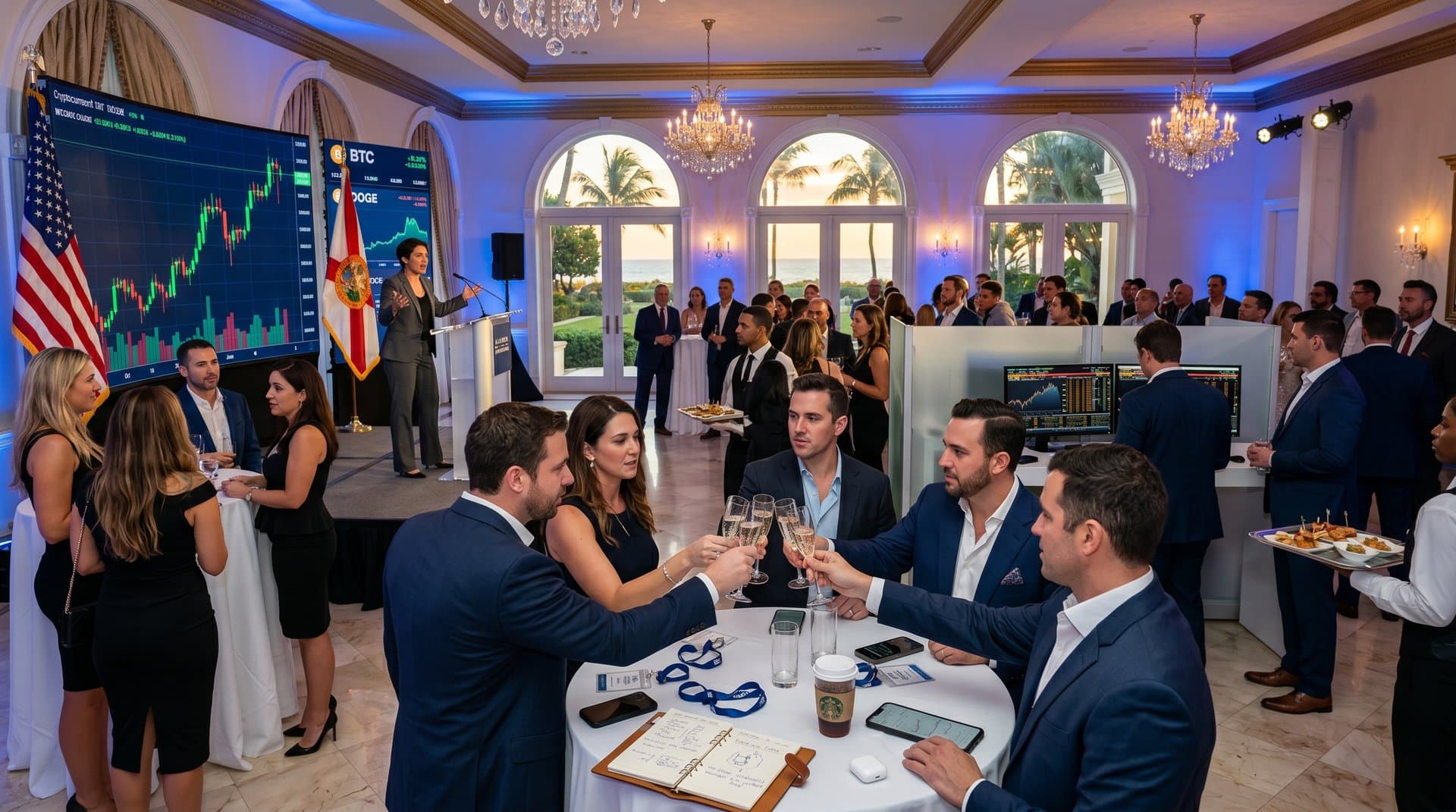 Luxury ballroom scene with crypto charts on screens, entrepreneurs mingling at tables, podium with flags during fintech event