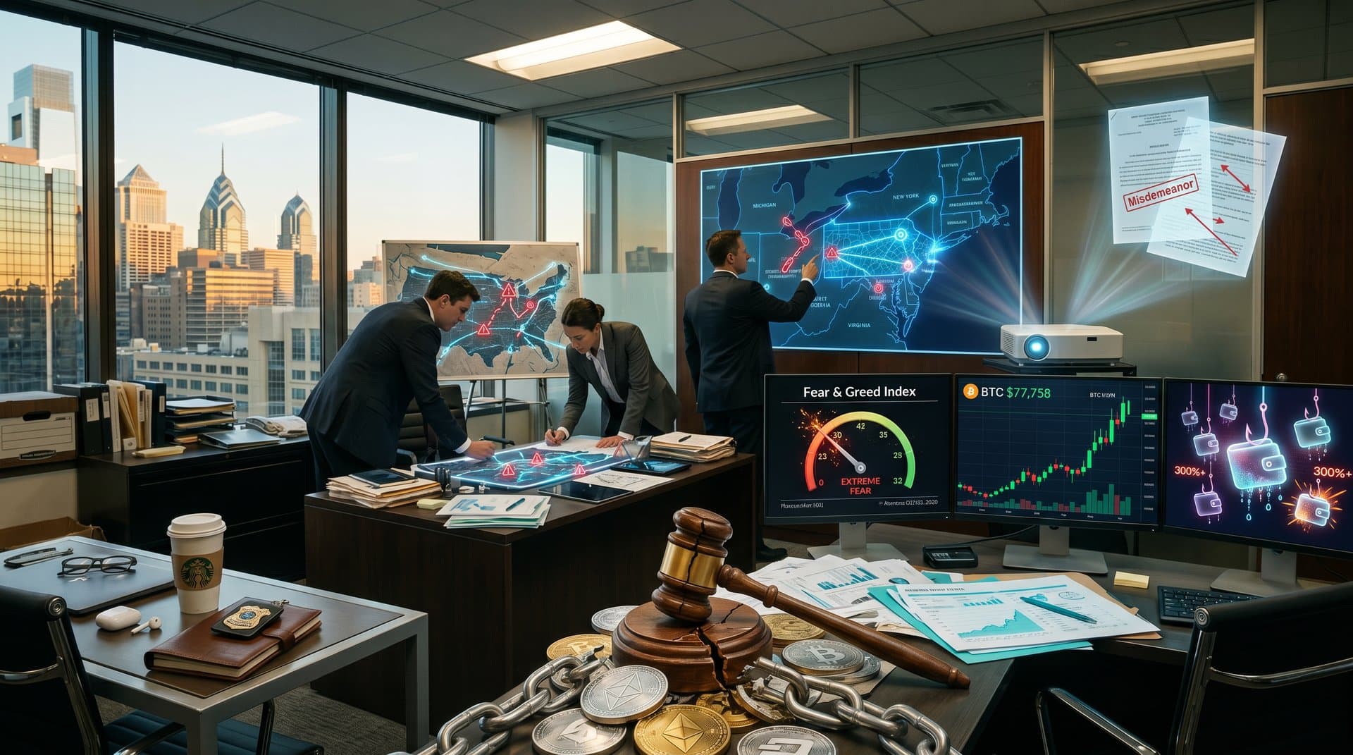 Blockchain visualization of cross-state crypto fraud gaps, Fear Index 33, BTC charts