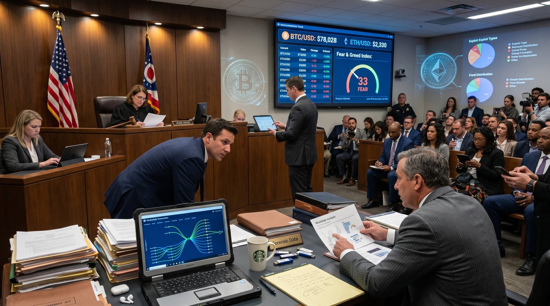 Courtroom scene with blockchain analytics during Licking County cryptocurrency scheme plea
