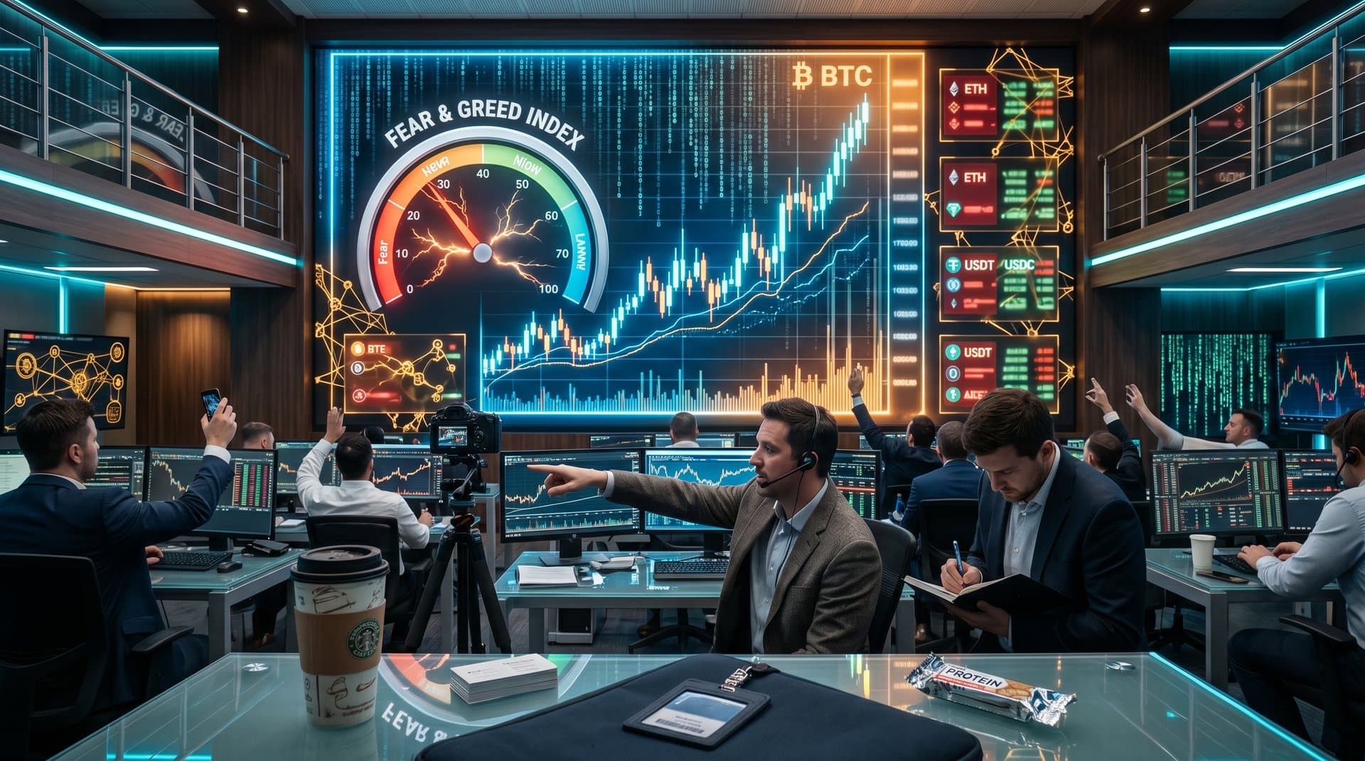 AI neural networks and crypto charts with Fear & Greed gauge on futuristic fintech dashboard