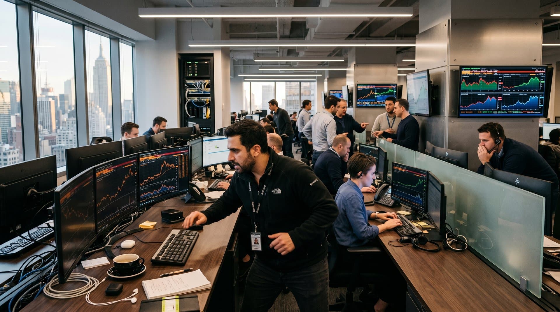 Crypto trading screens show USDT stability at $1.00 vs volatile charts, Fear & Greed at 33, modern fintech atmosphere