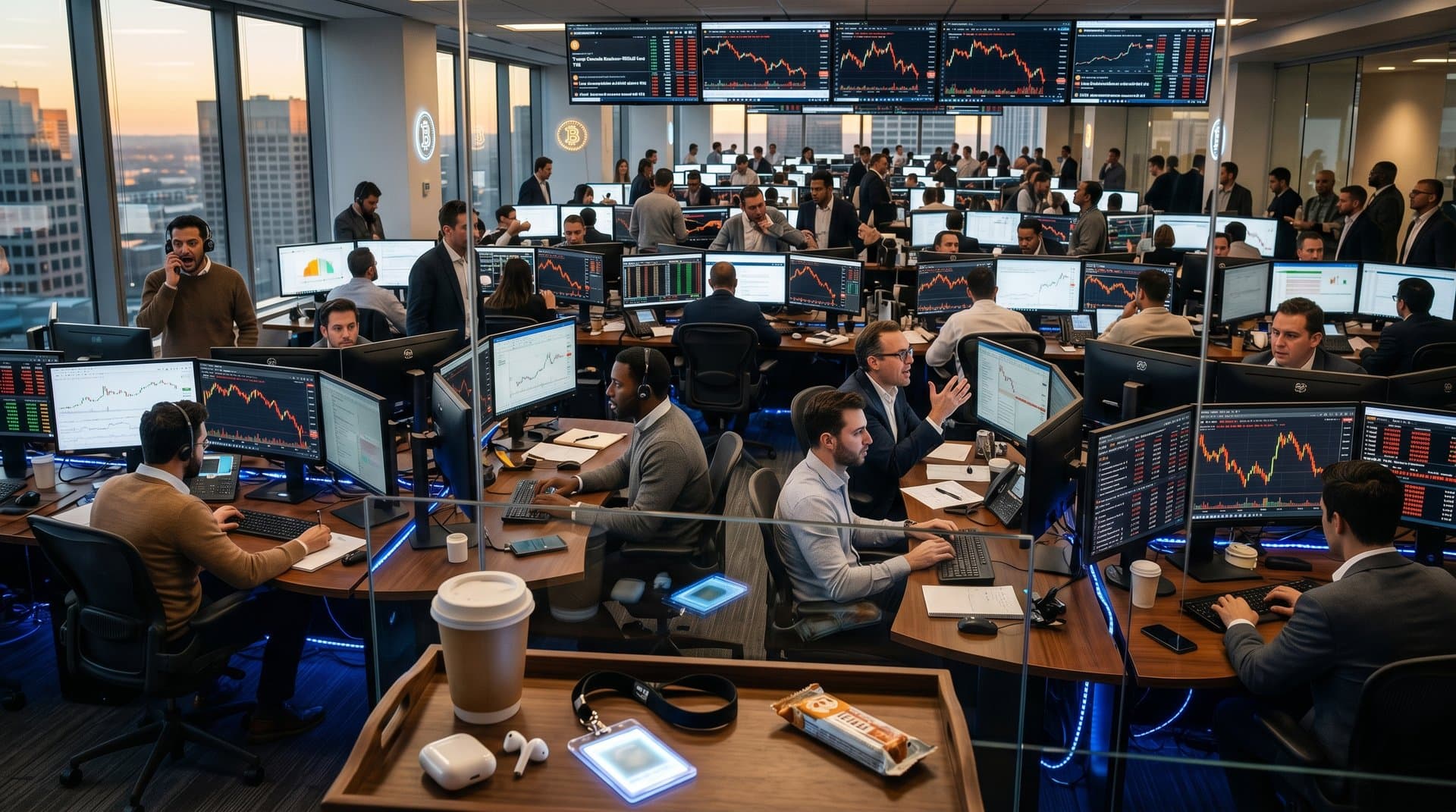 Trading floor monitors display Bitcoin sell-off charts and Trump Iran news amid market volatility