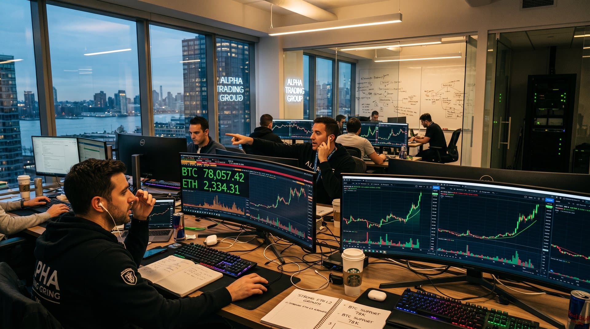 Trading floor with Bloomberg terminals displaying Bitcoin $78K, Fear & Greed 33, Ethereum charts, coffee cups, and market desks
