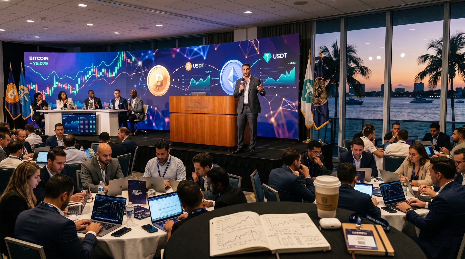 Luxury Miami conference stage for Trump crypto conference with executive panel, LED crypto charts at $78K, attentive attendees, market terminals
