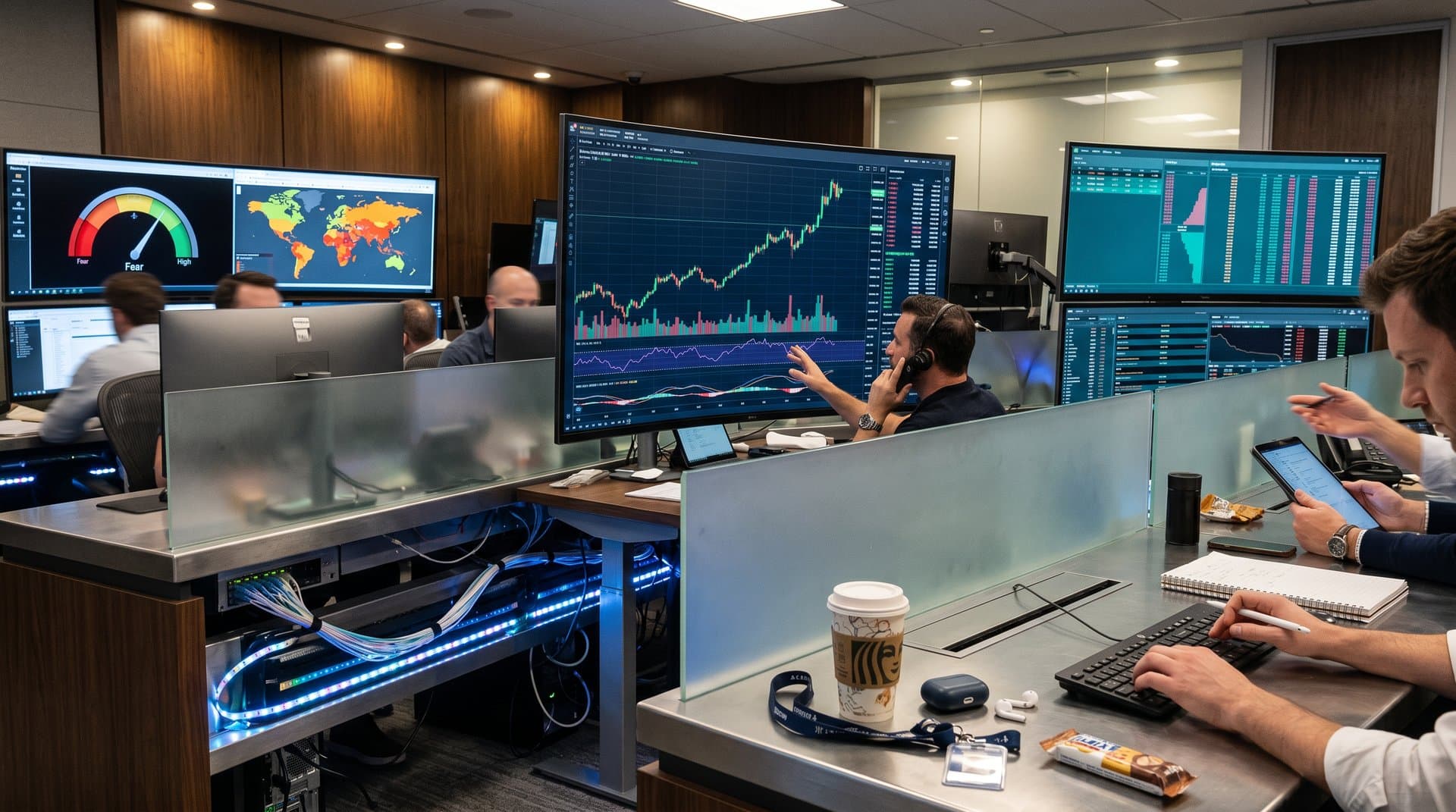 High-tech screens display cryptocurrency charts for Bitcoin at $77,834, Fear Index 33, and AI predictions in modern trading room