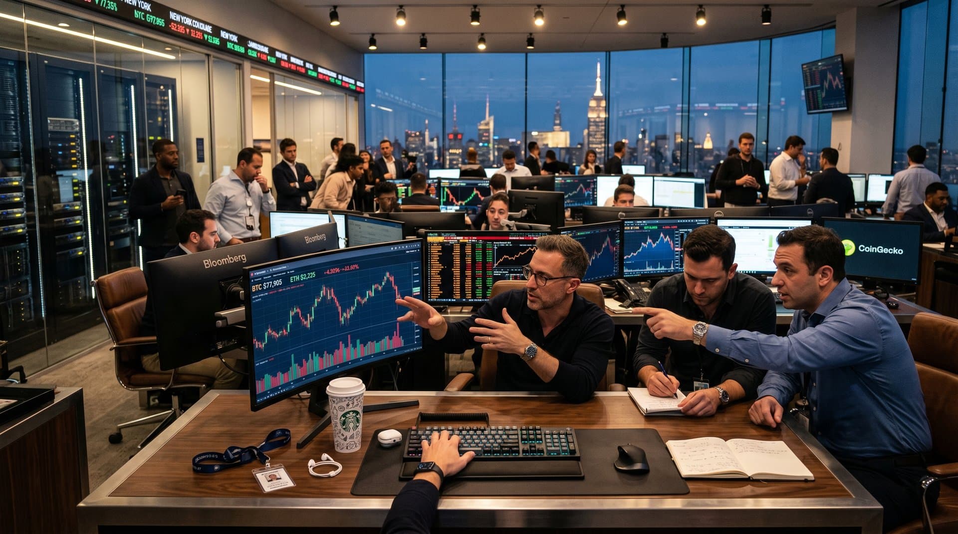 Trading floor monitors Bitcoin at $77,905 charts amid market data streams and skyline