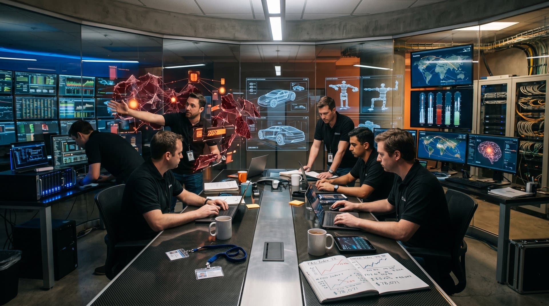 Holographic AI neural networks fracturing under policy barriers in cyberpunk command center with Tesla, xAI, and crypto elements.