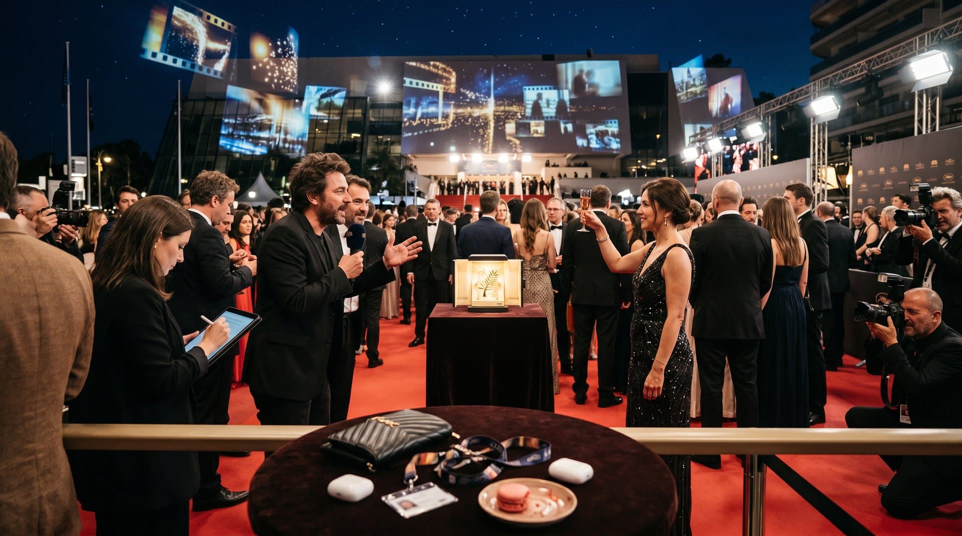 Holographic AI film frames and Palme d'Or at Cannes Film Festival red carpet, symbolizing creativity debate