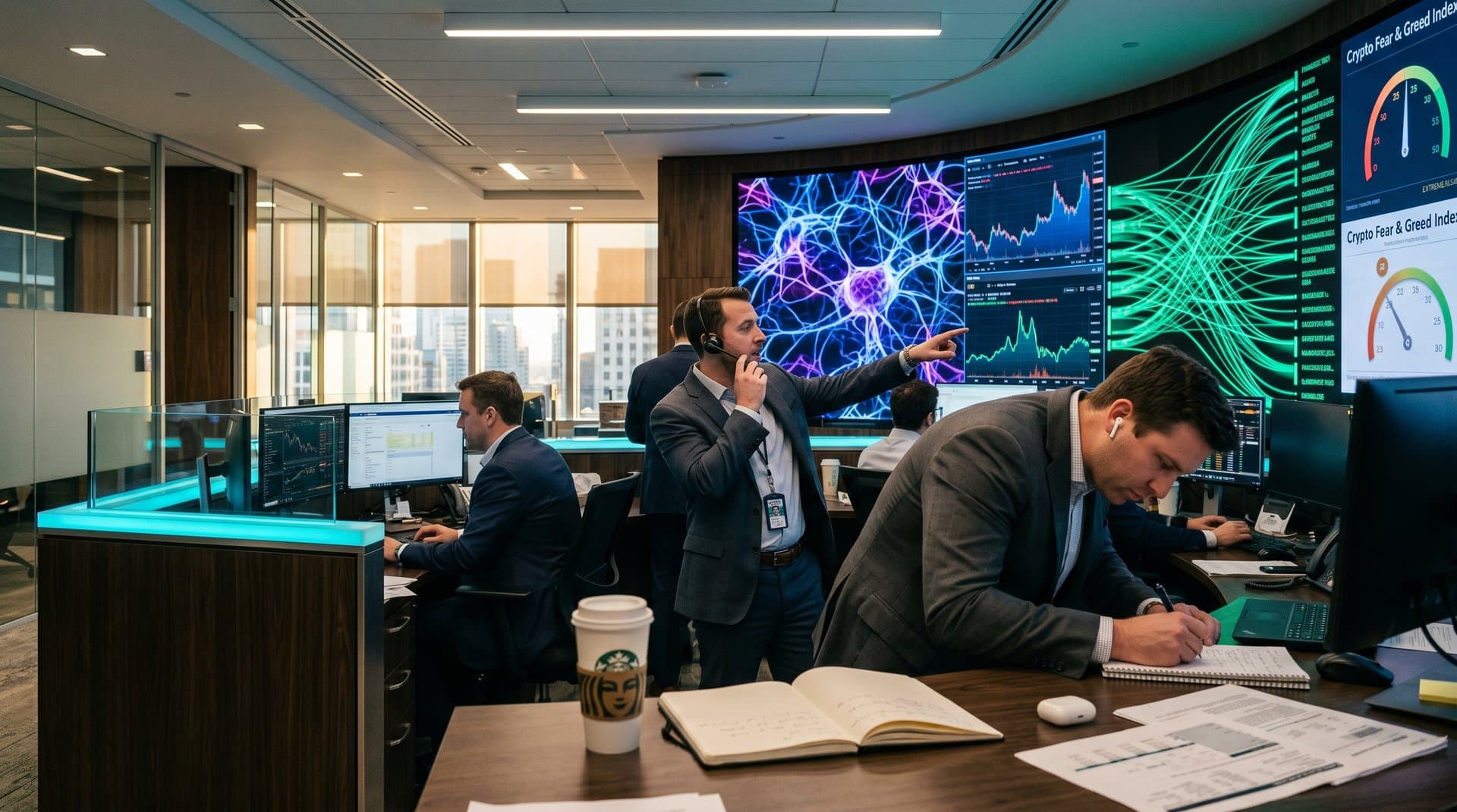 Neural networks cracking digital anonymity shield with crypto blockchain data and Fear Index chart