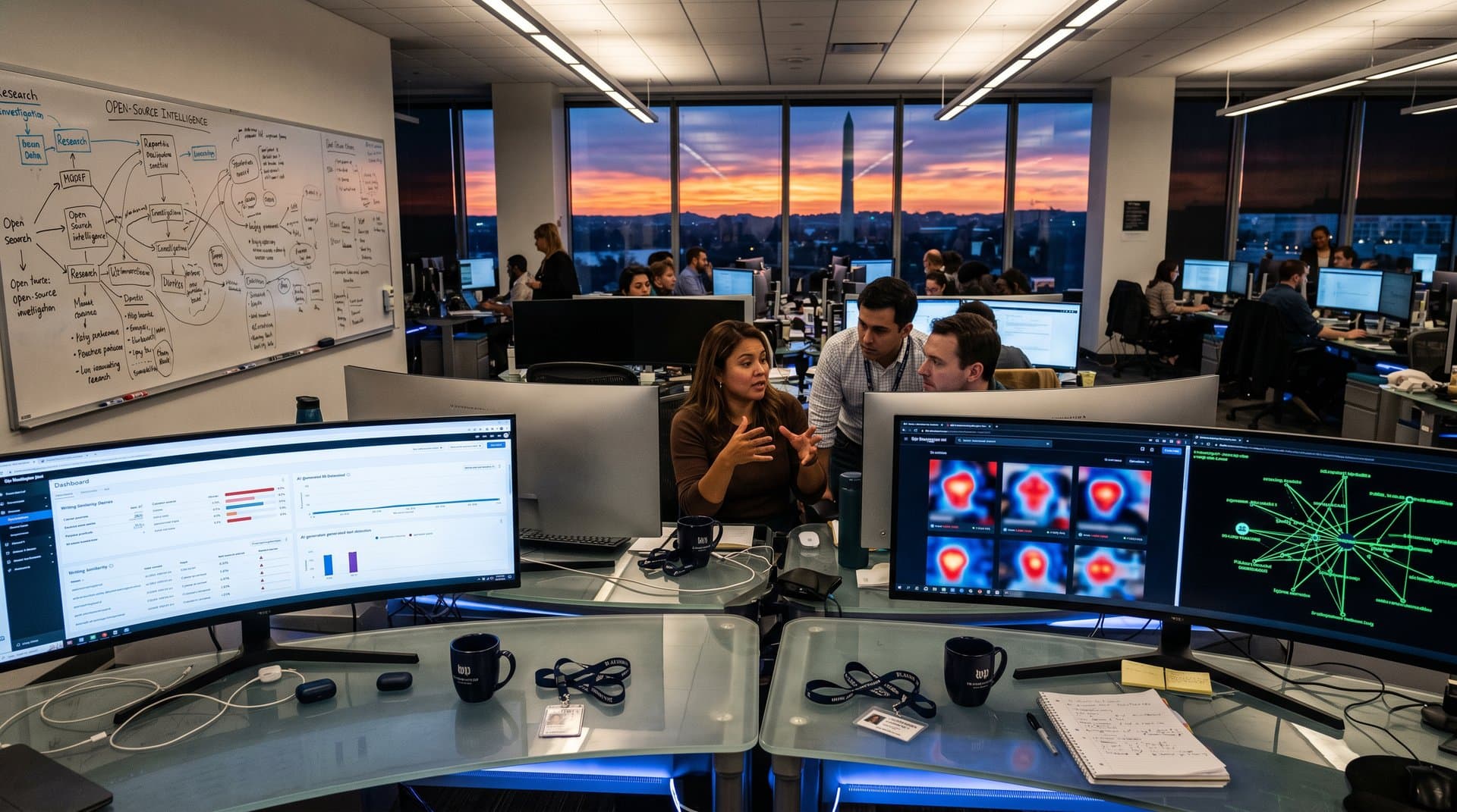 Washington Post newsroom with AI privacy analysis on monitors, urban skyline view, and editorial collaboration scene