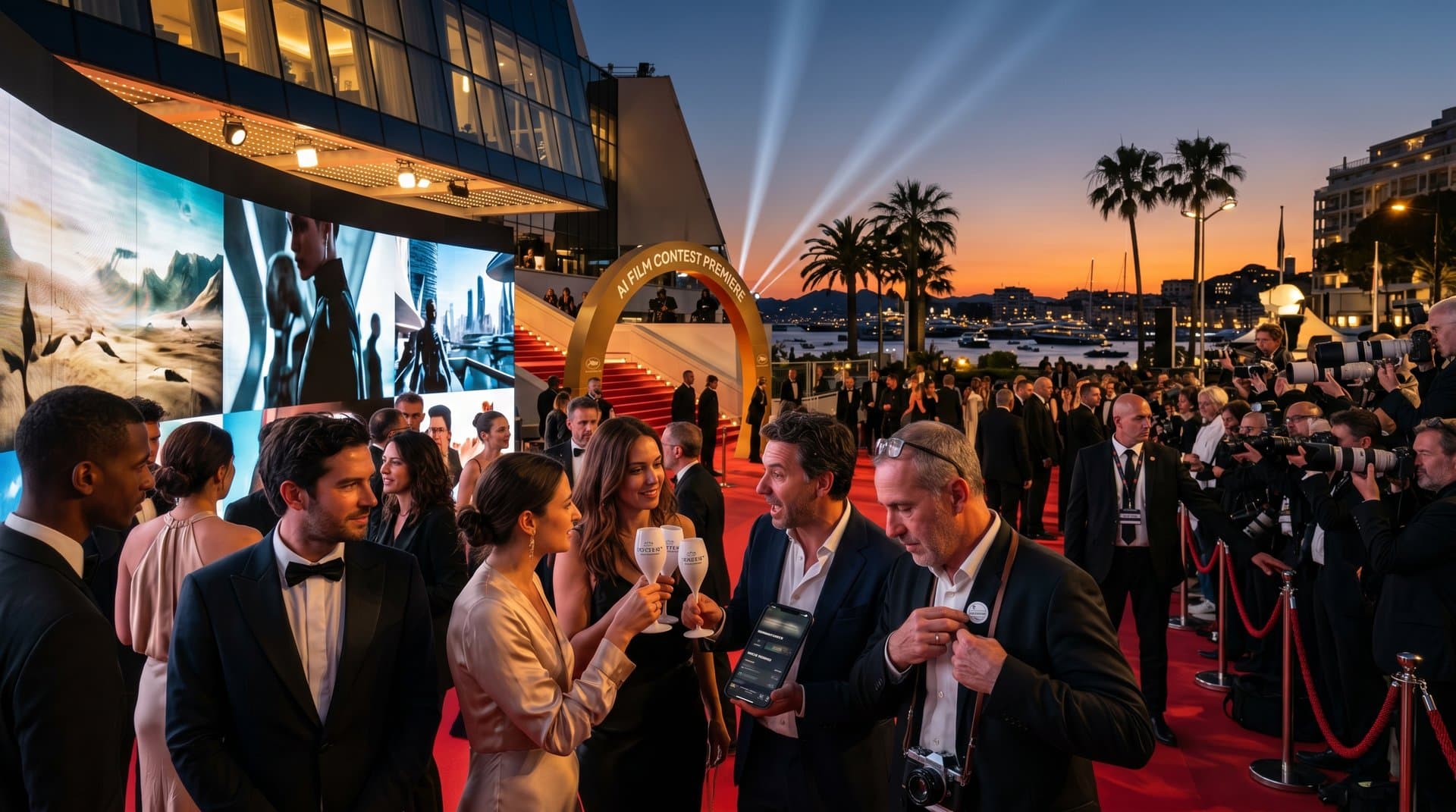Cannes Film Festival red carpet with AI film contest screen amid glamorous crowd and sunset