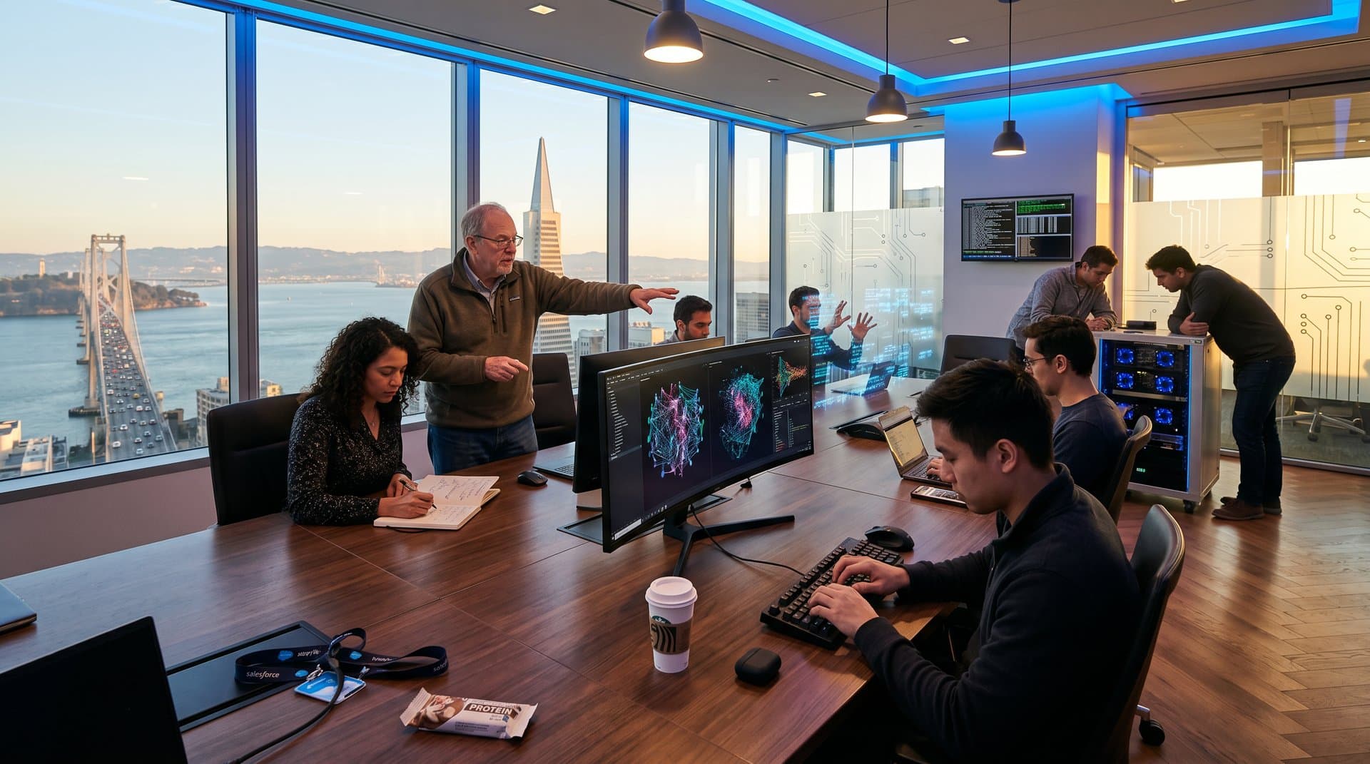 High-tech conference room in SF tower with neural networks on screens, holographic data, and Bay Area skyline at golden hour