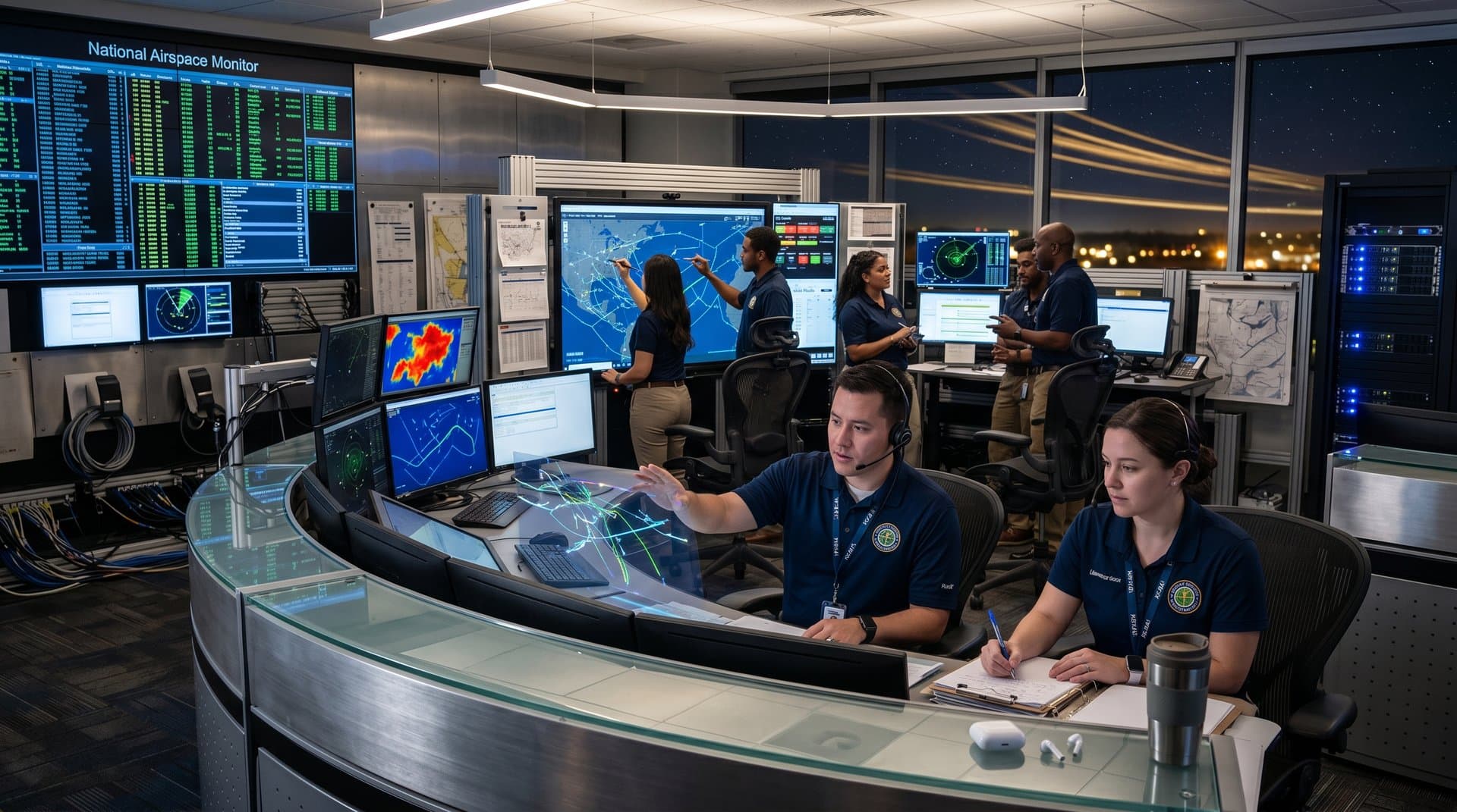 Futuristic air traffic control center featuring AI radar screens, holographic trajectory predictions, and dynamic airspace visualizations in a high-tech FAA facility