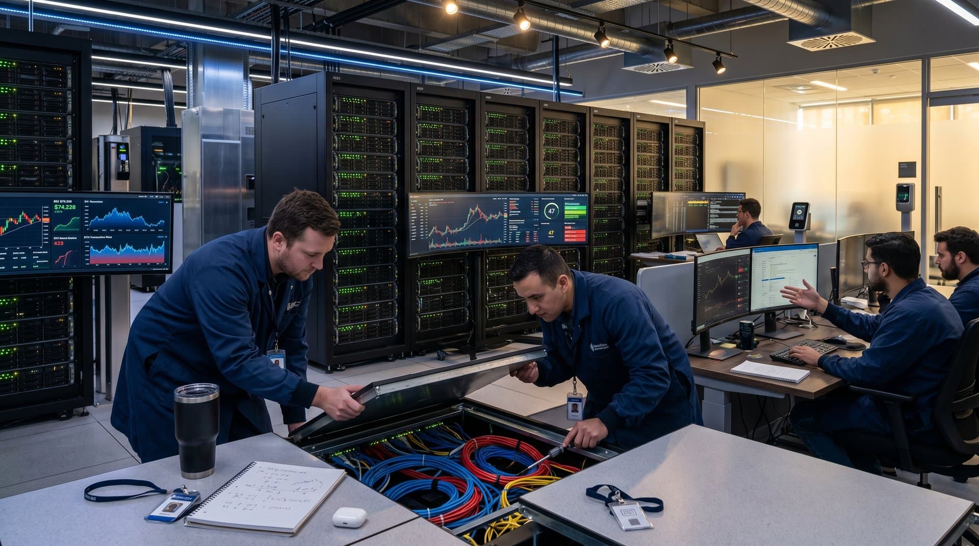 Tier IV data center with server racks, colorful cables, live crypto price charts at $79K BTC, and cybersecurity dashboards