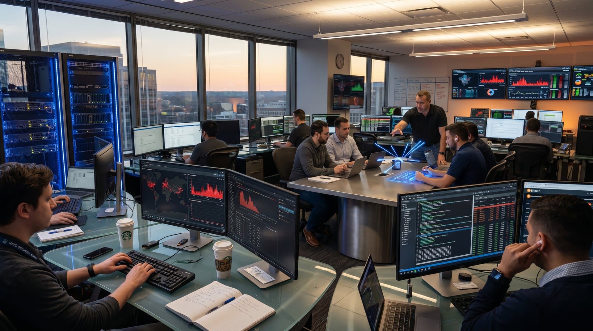 Cybersecurity operations center monitoring ICS threats and crypto markets on multi-screen setups with server racks