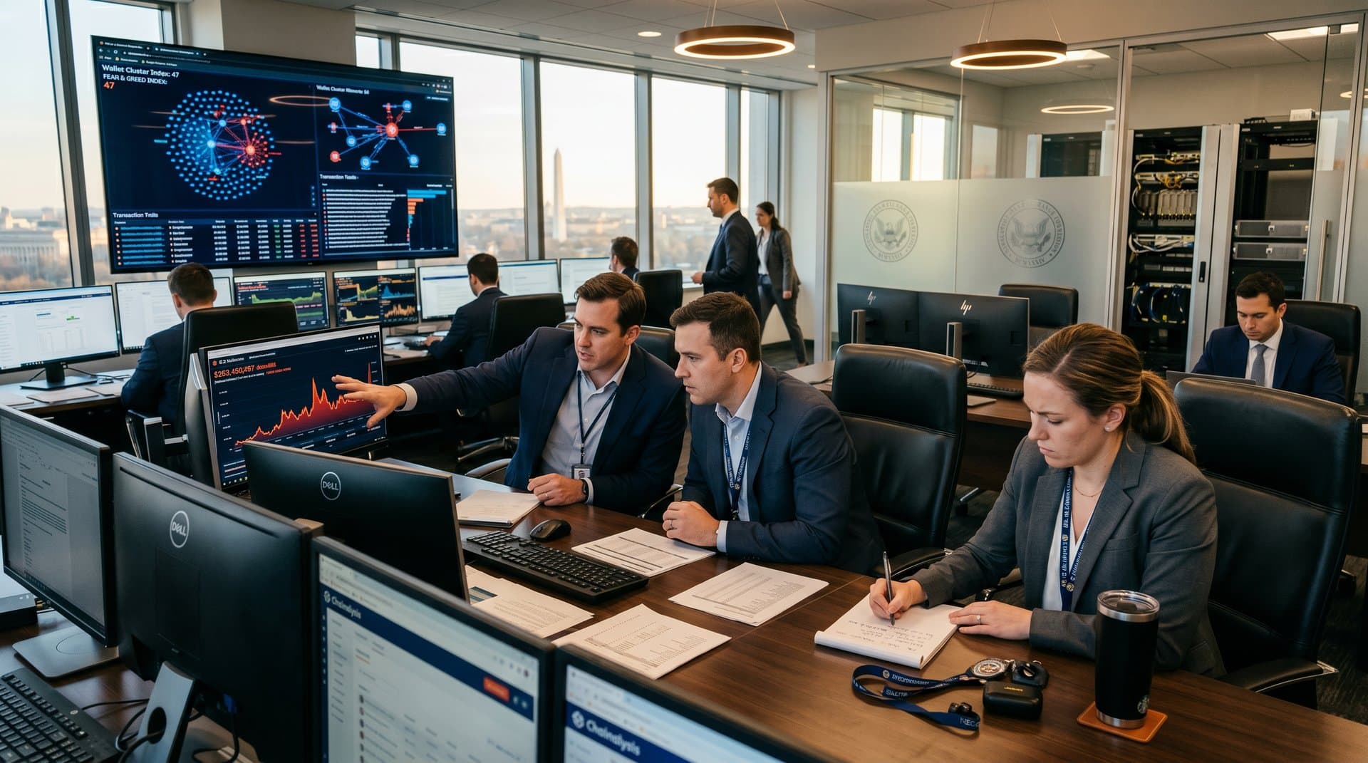 High-tech SEC analytics room with screens displaying Chainalysis crypto fraud graphs, blockchain data, prices, and Fear & Greed Index amid regulatory visualizations