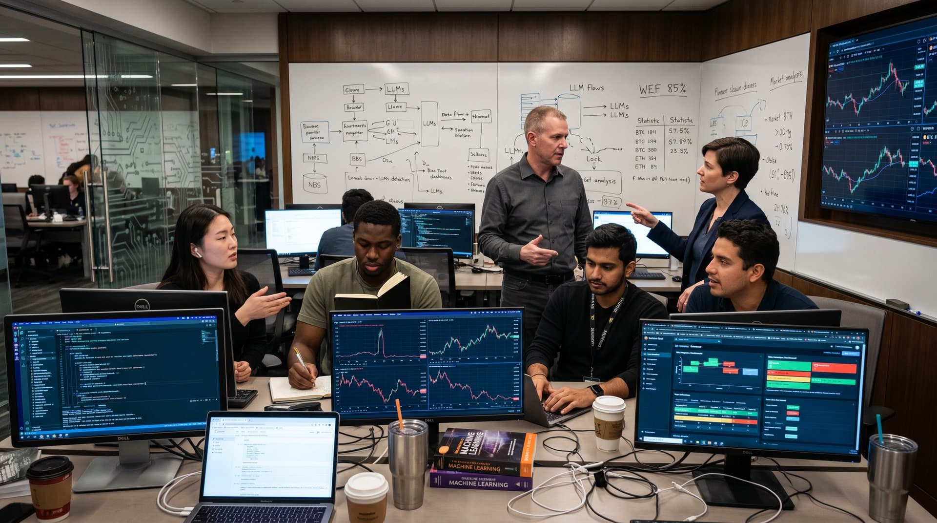 University AI lab with students at monitors showing neural networks, crypto charts, and whiteboards with proficiency benchmarks