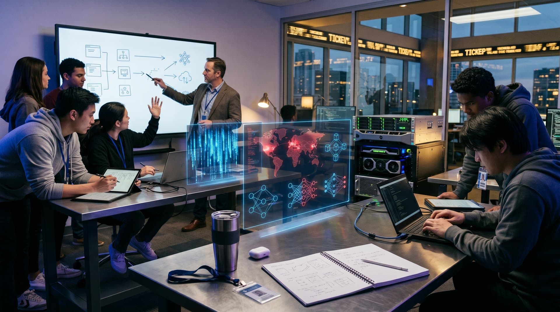 University lab with students training AI proficiency on cybersecurity threats amid crypto market visuals