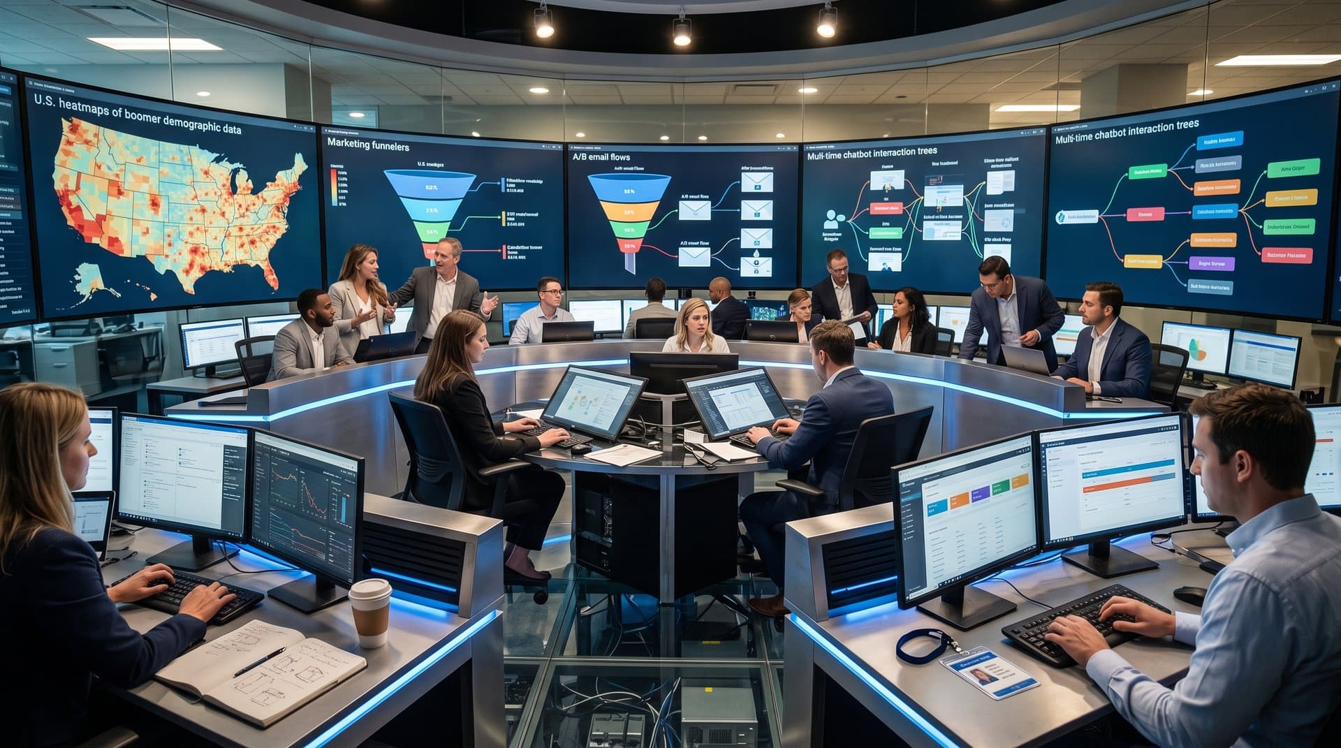 AI marketing dashboard screens showing boomer demographics, leads, and senior living occupancy charts in high-tech office (85 chars)