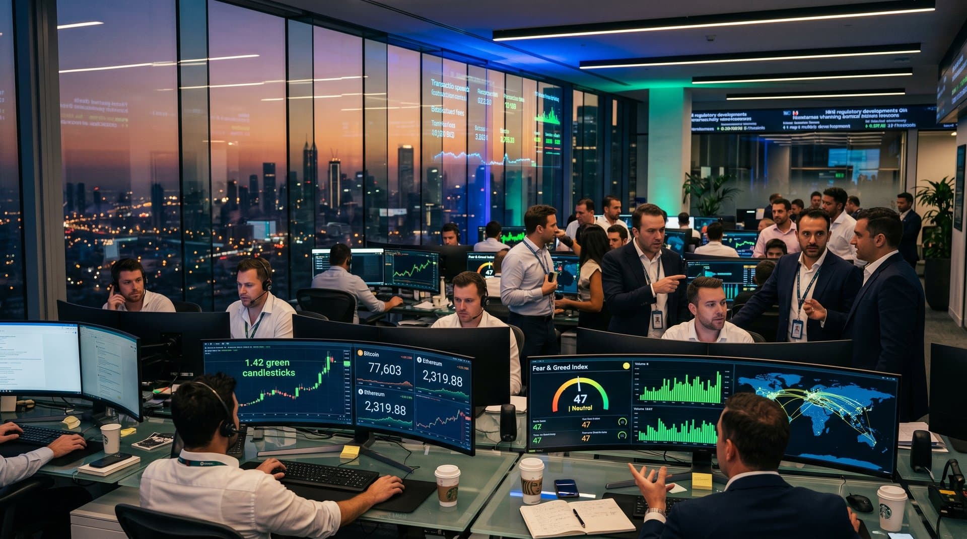 Trading floor screens showing XRP at $1.42, BTC charts, and Fear & Greed Index in modern crypto office