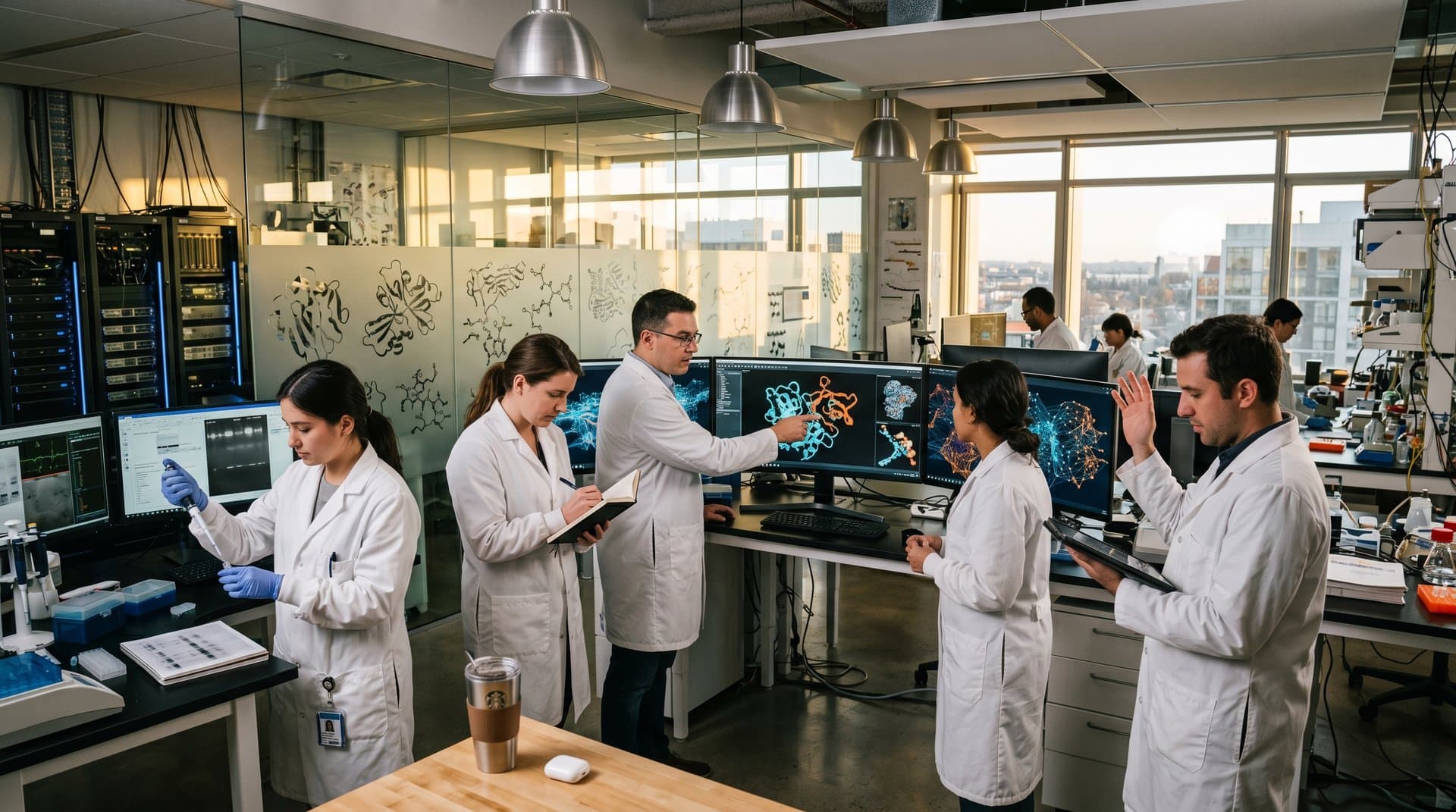 Biotech lab team analyzes AI-generated 3D models of FABP5 inhibitors on advanced screens in a collaborative high-tech environment.