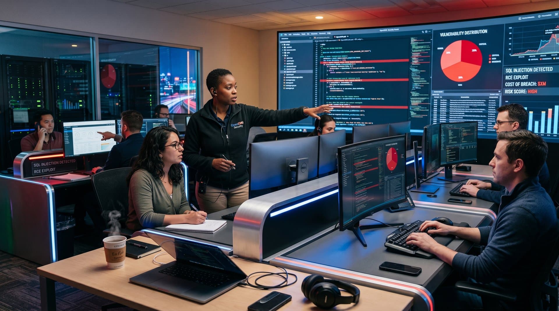 Cybersecurity team analyzes 38 AI-detected vulnerabilities in OpenEMR medical software on advanced multi-monitor displays