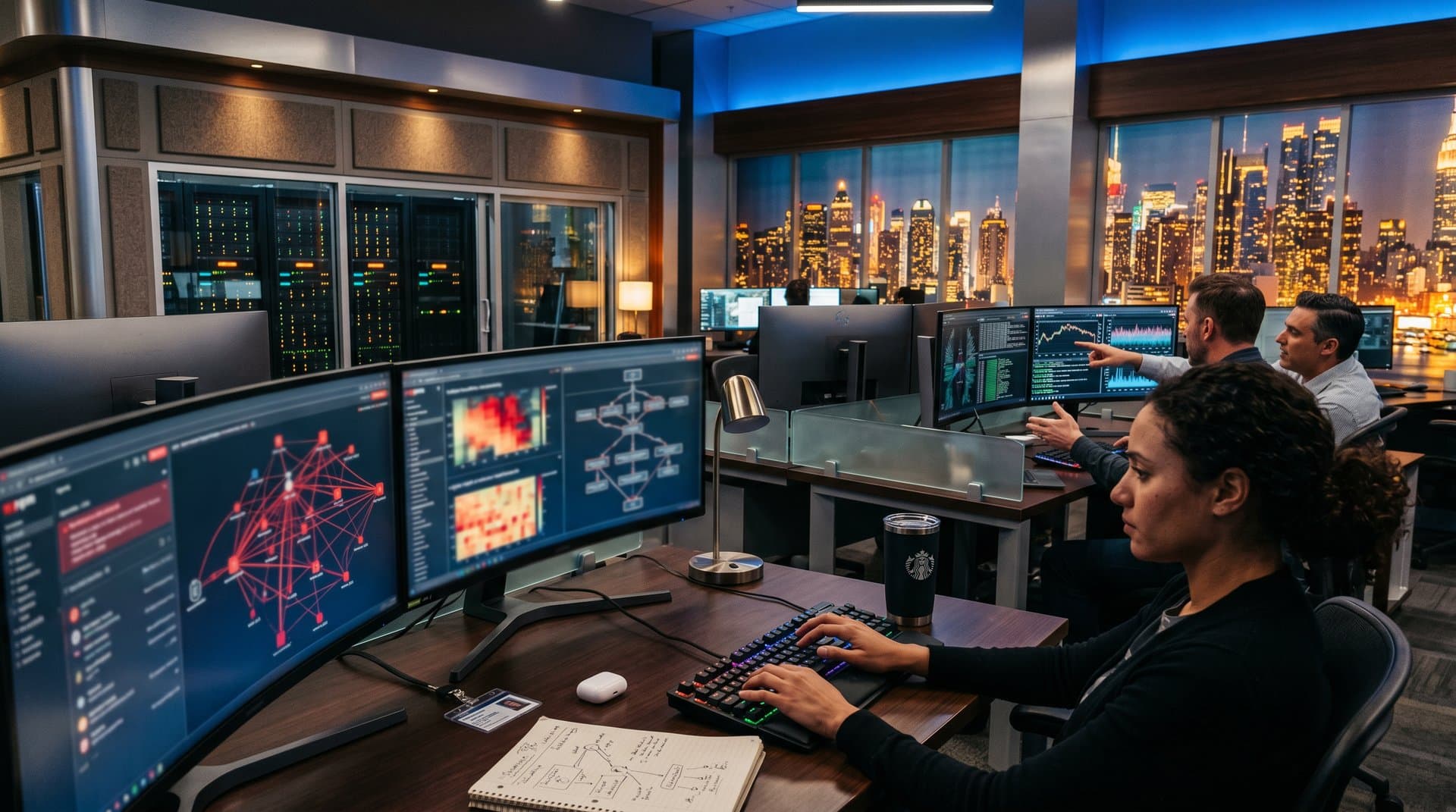 Abstract fintech security center monitors npm vulnerabilities and crypto wallet scans on multi-screen setups in modern data center