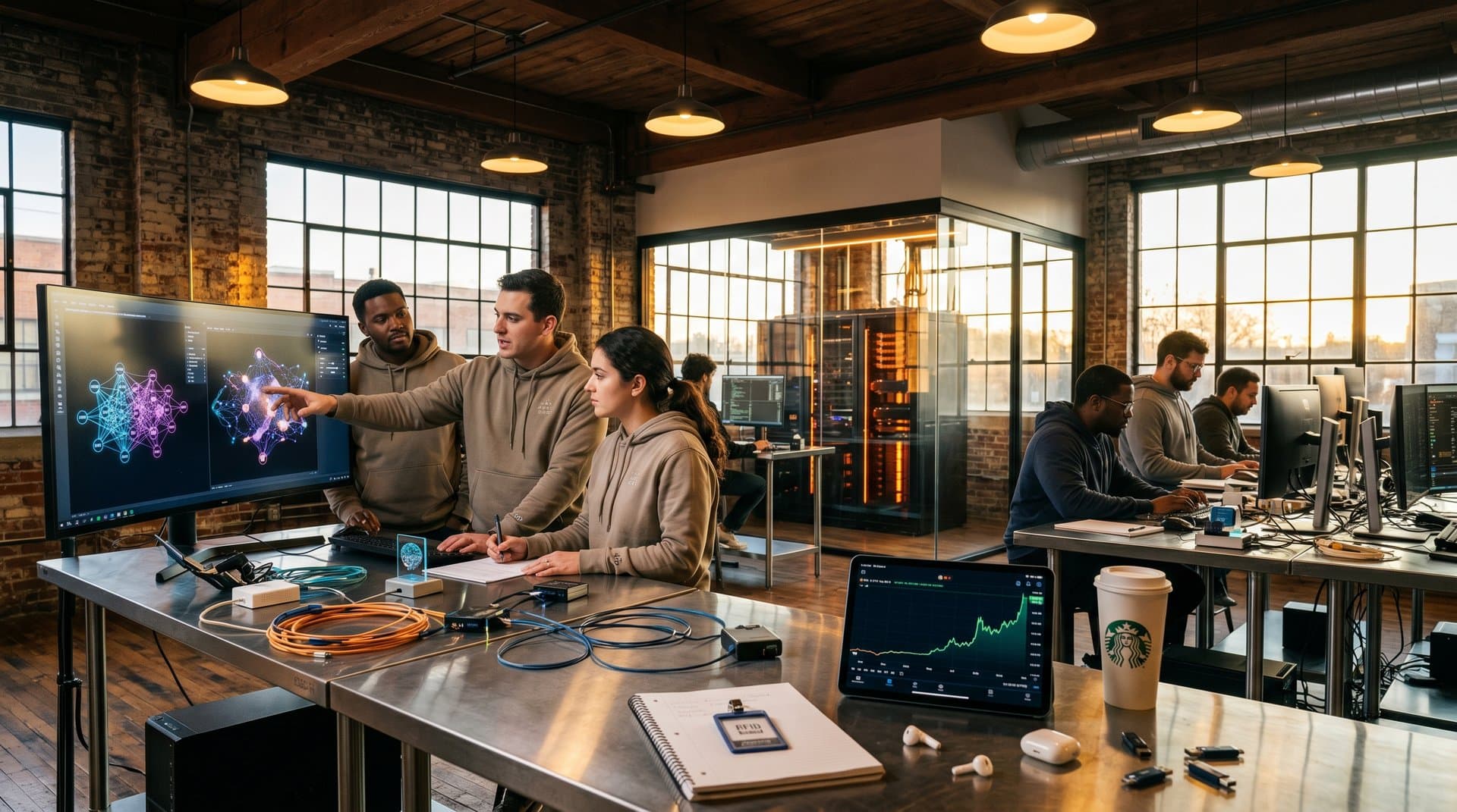 Abstract engineers in Indiana tech hub working on AI gadgets and crypto charts amid Midwest factory innovation