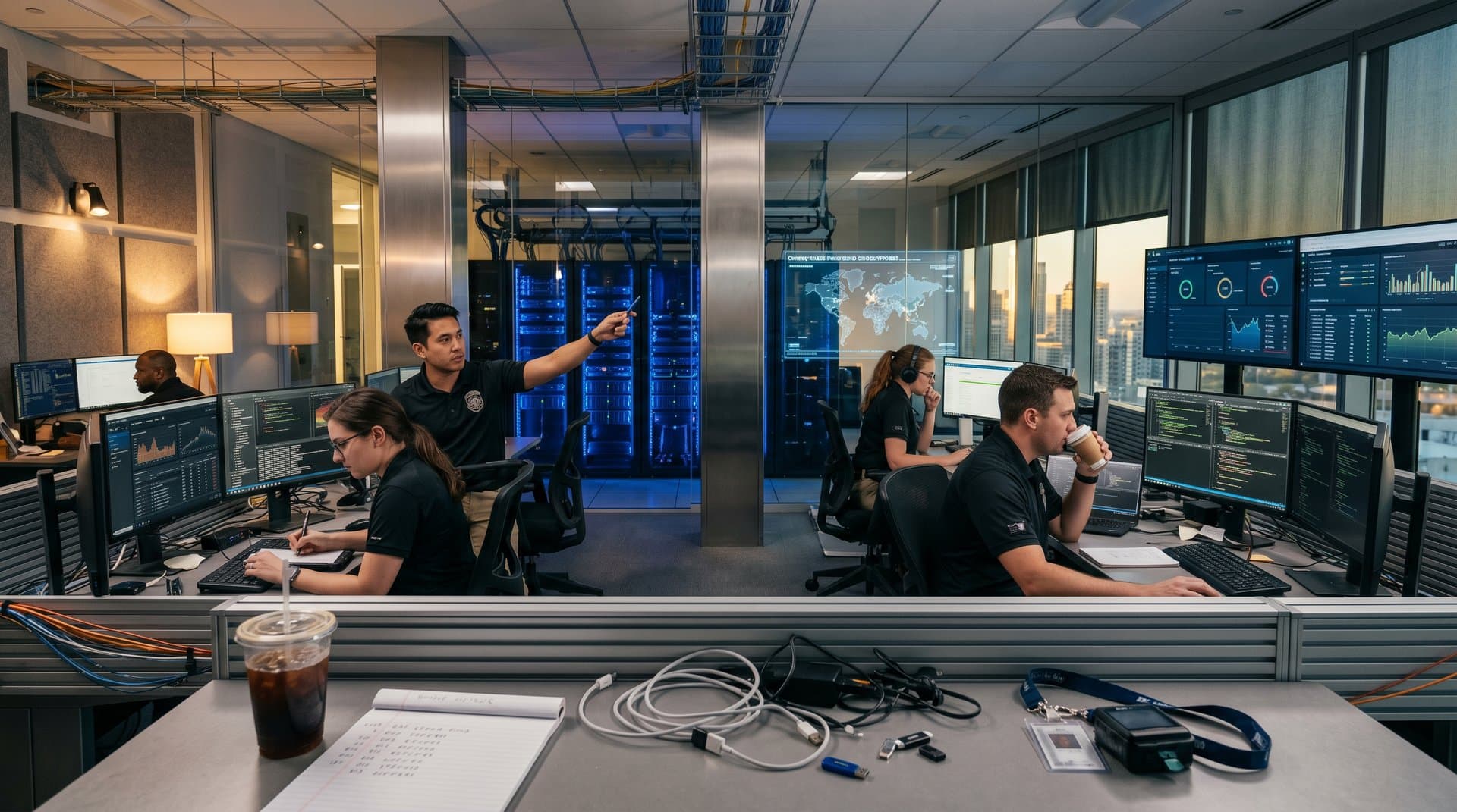 Cybersecurity operations center monitoring malicious npm packages and crypto wallet threats with server racks and threat maps