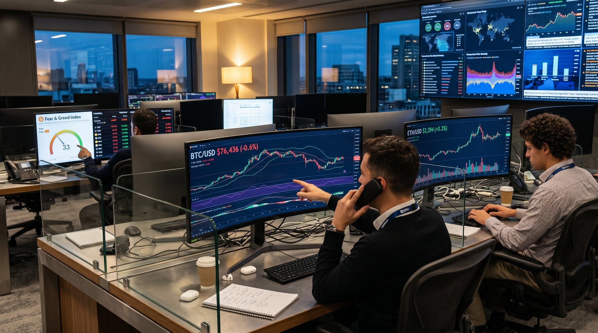 Trading floor with monitors showing Bitcoin at $76,436, Fear & Greed Index at 33, ETH charts, and fintech data visualizations