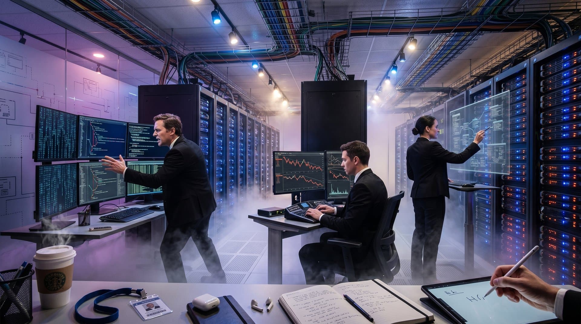 Data center servers glow blue amid vulnerability scans and git code displays in high-tech facility