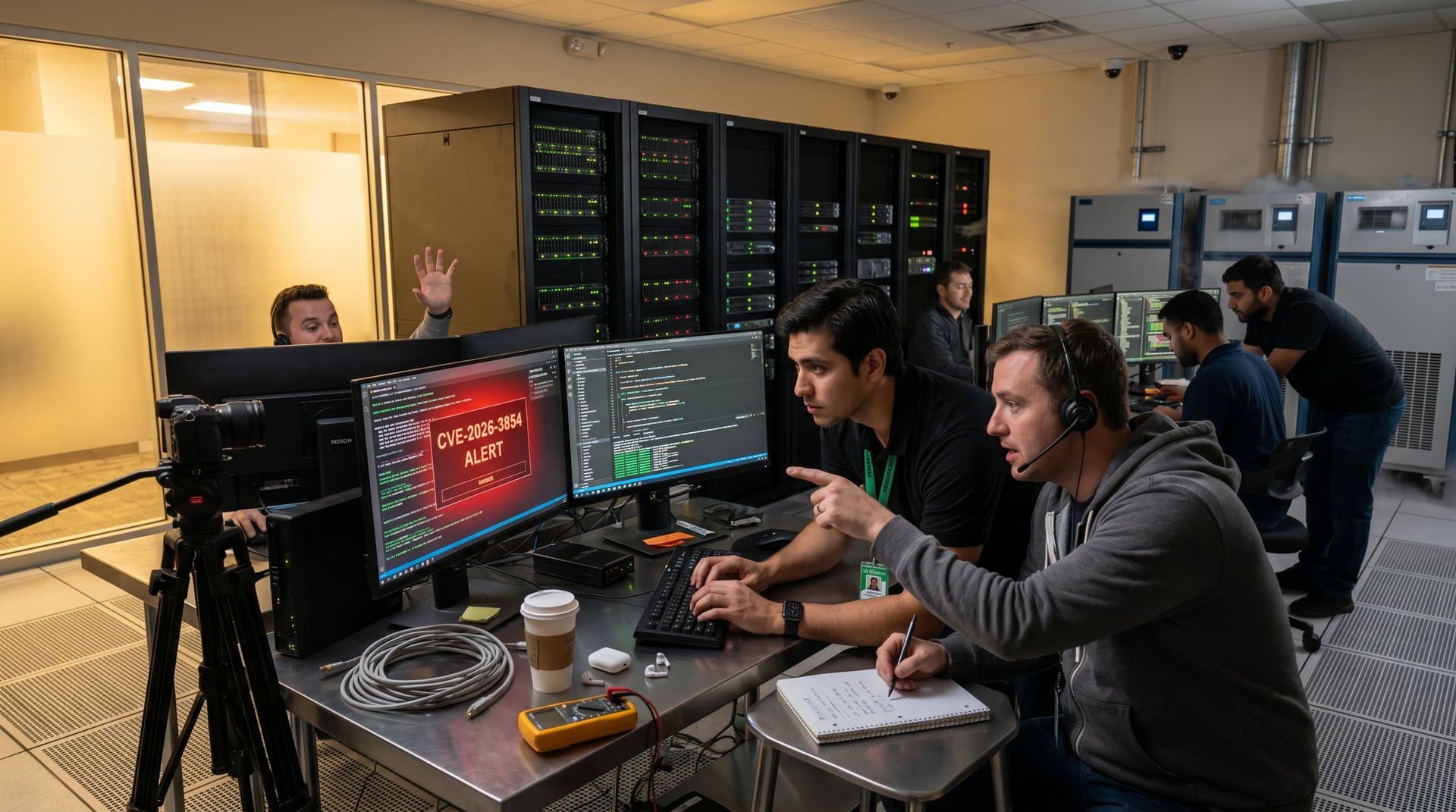 Data center engineers monitor GitHub RCE CVE-2026-3854 alerts on multi-monitor consoles amid server racks