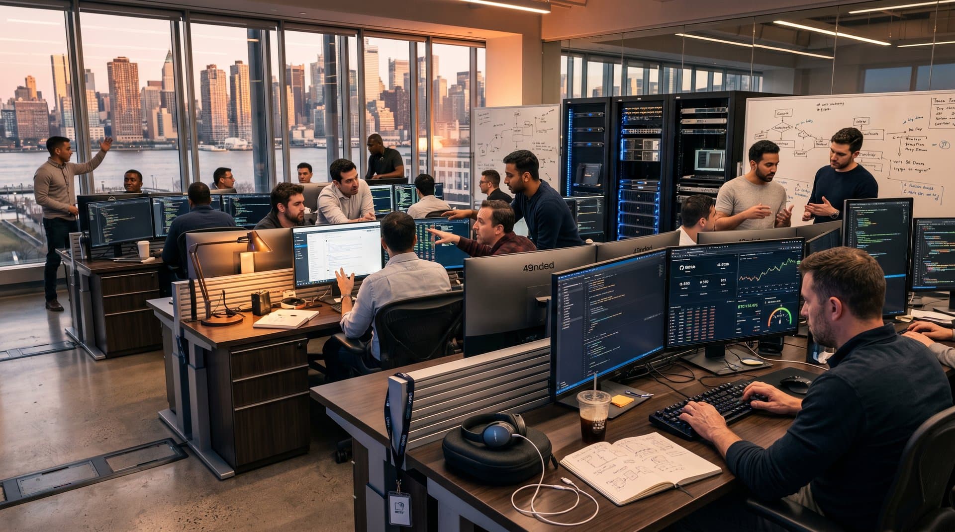 Fintech office with monitors showing Warp terminal, Rust code, crypto charts, and GitHub repo in modern developer environment