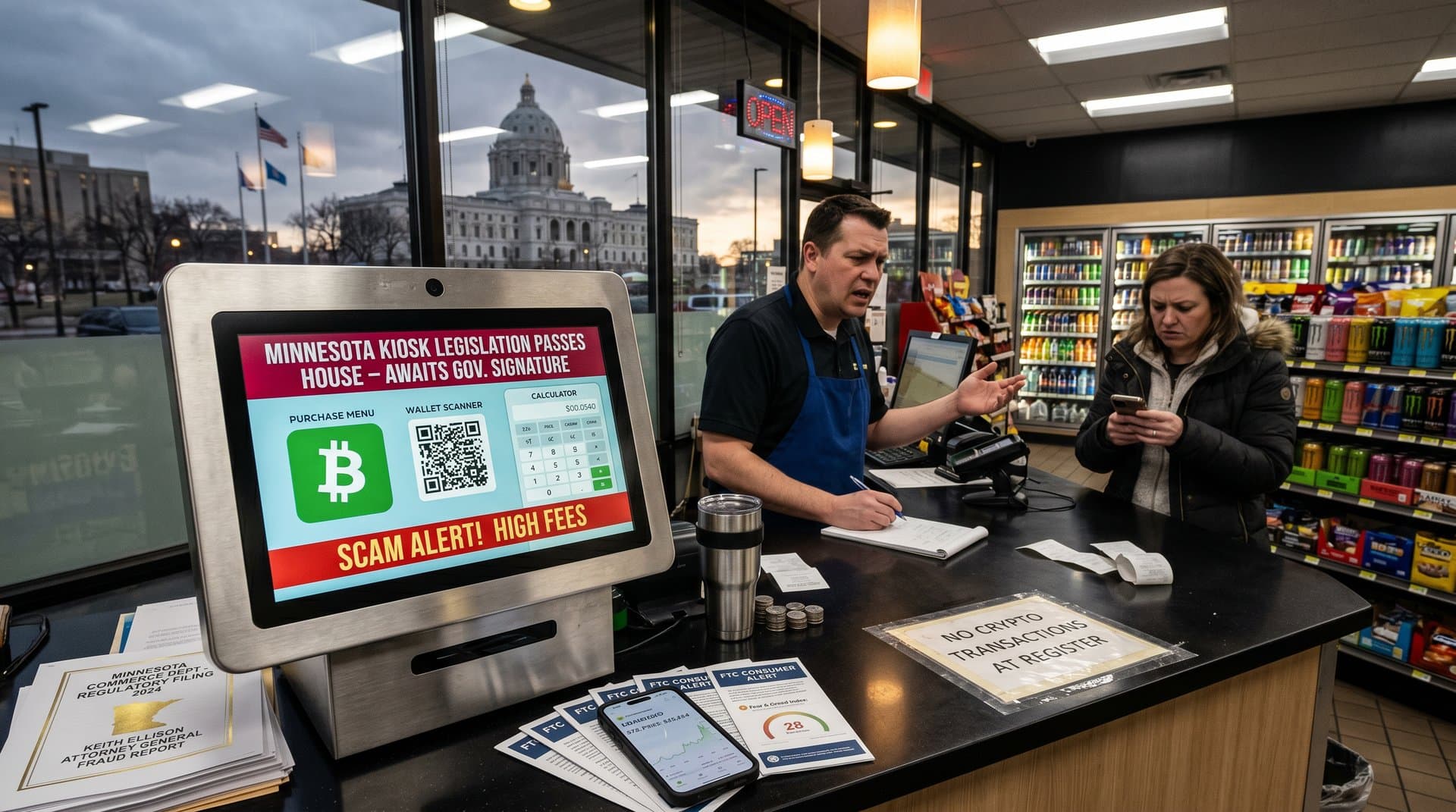 Crypto kiosk in Minnesota store with ban warning and BTC price amid state capitol