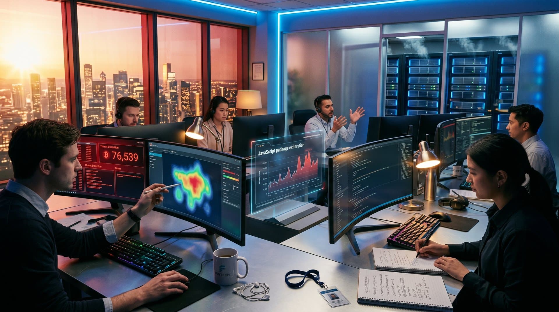 Cybersecurity operations center monitoring NPM malware threats with crypto price charts and vulnerability alerts