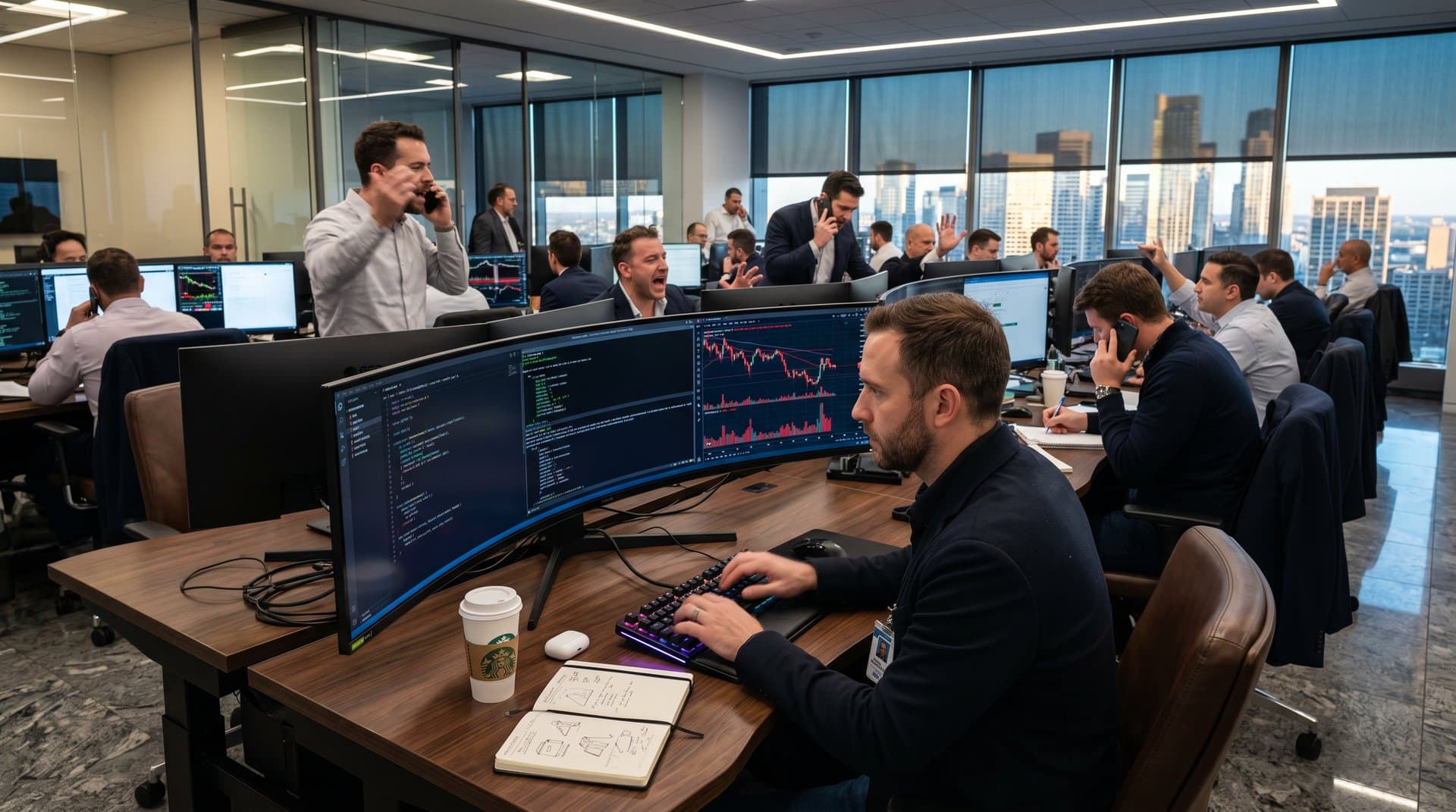 Developer workstation with Ghostty emulator on multi-monitors amid trading floor activity and city skyline